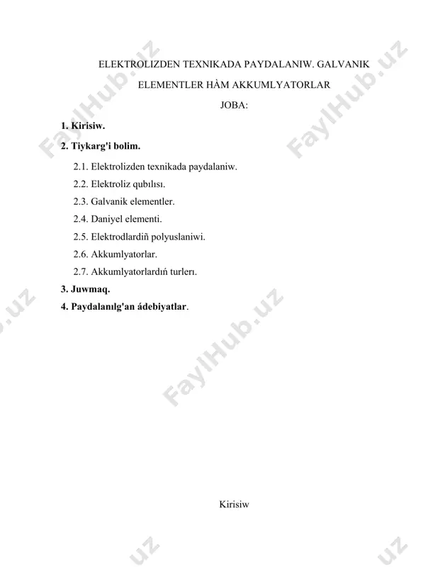iw juz berse,oni anod dep ataymiz. galvanik elementlerdegige kersinshe bolip, elektrolizdegi katod teris, anod oñ zaryadg'a iye boladi. buniñ sebebi sonda, elektrolizde bolatug'in processler galvanik element islewinde juz bolatug'in processlerge qarama- qarsi. elektrolitlerdıń suwdaǵı eritpelerınde juz beretuǵın katod processlerdı kórip shiǵıwda birinshi orinda vadarod ionlarinıń qaytarılıw patencialin kozde tutıw kerek. bul potecialdiń manisi vadarod ionlari konsentraciyasina, sondayaq, eritpedegi ph ge baylanislı: e=0,059lg[h+] yamasa e=-0,059 ph neytral ortalıq ushın ph=7; sondayaq: e=-0,059*7=-0,41в. demek, eger elektrolit kationdı qurawshi metalldıń narmal patencialı -0,41v dan kore ońraq bolsa, neytral eritpeniń elektrolizinde katodda tap metall ajralip shiǵadı. bunday metallar kernewler qatarında vadarodǵa jaqın turadı. eger elektrolitdı quraǵan elektrod patecialı -0,41v ǵa qaraǵanda adewir teris bolsa, katodda albette vadarod ajıralip shiǵadı. elektr energiyası menen ximyalıq pracessler arasındaǵı muǵdarlıq baylanıis barlıǵın dastlep (1836-jılda) ingliz alimi m.faradey aniqlaǵan. elektrolizdıń 1-nizami tomendegishe táriplenedı: elektroliz waqtında elektrodda ajralip shiǵatuǵin zatdiń awırlıq muǵdarı eritpeden ótgen elektr muǵdarına tuwra praportcional. eger elektrodda …