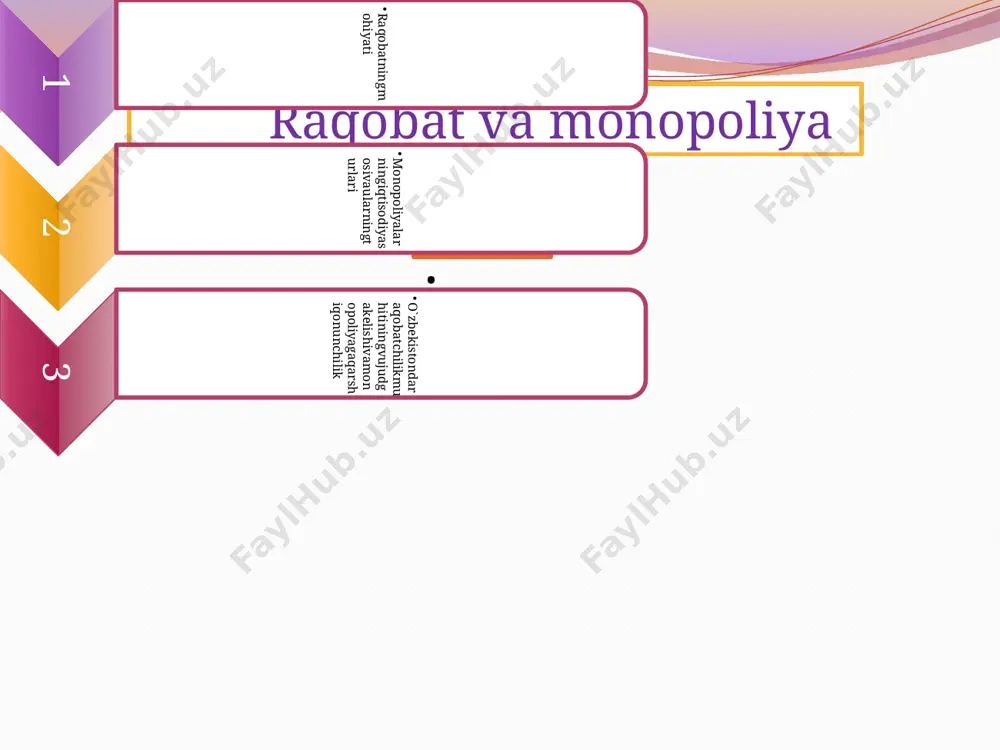hining narx va ishlab chiqarish hajmini belgilashdagi yakkahukmronlik holati hisoblanadi. monopsoniya – tarmoqdagi ishlab chiqaruvchi yoki sotuvchilar soni juda ko‘p bo‘lib, ular tovar yoki xizmatlarining yagona iste’molchisi yoki xaridori mavjud bo‘lgan sharoitdagi yakkahukmronlik holati hisoblanadi monopoliyaning vujudga kelishi sababi va tavsifiga ko‘ra: tabiiy monopoliya, legal monopoliya, sun’iy monopoliya. tabiiy monopoliya – korxonaning texnologik xususiyatlari sababli mahsulotga bo‘lgan talabni qondirish raqobat mavjud bo‘lmagan sharoitda samaraliroq amalga oshiriluvchi tovar bozorining holati. legal (qonuniy) monopoliya – bu qonuniy tarzda tashkil etiluvchi monopolistik holat. sun’iy monopoliya – monopol foyda olish maqsadida tashkil etiluvchi birlashmalarning shartli (tabiiy monopoliyalardan ajratib turish uchun) nomi. sun’iy monopoliyalar kartel, sindikat, trest, konsorsium, konsern kabi aniq shakllarda namoyon bo‘ladi. kartel–bittasanoattarmog‘idagibirnechakorxonalarninguyushmasibo‘lib,uningishtirokchilariishlabchiqarishvositalarivamahsulotlarigao‘zmulkiyegaliginisaqlabqoladi. sindikat–birturdagimahsulotishlabchiqaruvchibirnechakorxonalarningbirlashmasi. trest–ishlabchiqarishvositalarivatayyormahsulotgabirgalikdagimulkiyegaliknita’minlovchiishlabchiqaruvchilarningyuridikshaxsko‘rinishidagibirlashmasi. konsorsium–tadbirkorlarningyirikmoliyaviyoperatsiyalarinibirgalikdaamalgaoshirishmaqsadidabirlashuvi konsern–rasmiyjihatdanmustaqilbo‘lgan,ko‘ptarmoqlikorxonalarningmajmuinio‘zichigaoluvchibirlashma. o‘zbekistonda samarali raqobat muhitini yaratish uchun quyidagilar bo‘yicha chora-tadbirlarning amalga oshirilishi taqozo etiladi: a) iqtisodiyotda davlat monopolizmining har qanday namoyon bo‘lishini maksimal darajada bartaraf etish; b) bozor sharoitida vujudga kelayotgan monopoliyalarning bozordagi o‘z ustunlik mavqelarini suiste’mol …