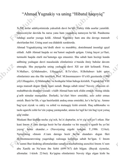 “ahmad yugnakiy va uning “hibatul haqoyiq”  — DOC