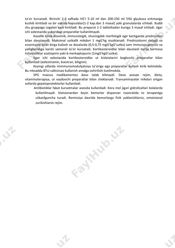 di va anoreksiya, ovkatdan keyin kungil aynishi, ogizda achchiklik, yogli ovkatlarni kutaraolmaslik, meteorizm, ich kelishi uzgarib turishi bilan xarkterlanadi. kechishi kup xollarda retsidivlanishlar bilan, zurayish davri kliniko-laborator remissiyalar bilan almashinib turadi. utkir boshlangan bolalarda uzluksiz-retsidivlanuvchi turi uchraydi. sag ning klinik kechishida antiyadro antitelolar bulishi, le-xujayralar, zardobda dnkga karshi antitelolar bulishi kasallikning «lyupoid gepatit» deb nomlangan terminini kiritilishiga sabab buldi. bu uzgarishlar skv va sag ning uxshashligini bildiradi. spg da klinik belgilar sust namoyon buladi. kupincha jigarning urtacha yoki biroz kattalashishi kuzatiladi. bunda uning konsistentsiyasi zichlashgan, kirralari yumaloklangan, ba’zida utkirlashgan, palpatsiyada sezuvchanlik ortgan yoki biroz ogrikli, yuzasi sillik. sariklik kam uchraydi va asosan kasallik boshlanishida, kam seziluvchan, kiska muddatli (bir necha xaftagacha). kon tomir yulduzchalari va palmar eritema spg da kam kuzatiladi. ung kovurga yoyi ostidagi ogrik bemorlarning eng kup kuzatiluvchi shikoyatidir. ogriklar dieta buzilganda, fizik zurikishdan keyin kuchayadi va ut chikarish yullari zararlanishi bilan xarakterlanadi. kup bolalarda ishtaxa pasayishi, kungil …
