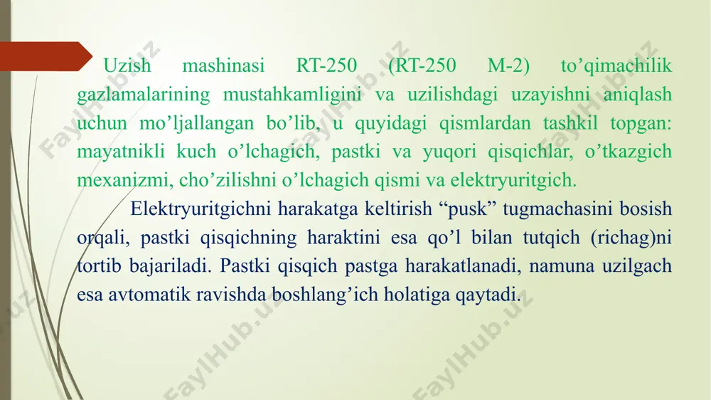 harakat tezligini tekshirish. 5. oʼlchash deformatsiyasining xatoligini aniqlash. 6. oʼlchashlar orasidagi masofani tekshirish. 7. аktiv qisqichning ishchi xarakatdagi oʼlchamlarini tekshirish. ishni bajarish tartibi 1. mashinaning ustki koʼrinishini tekshirishda elektryuritgichni erga ulash, baʼzi bir qismlarini mahkamlanganligini tekshirish, undan tashqari zavod nomeri, chiqqan yili bilan tanishib chiqilishi kerak. 2. mashinani sinab koʼrishda ishonch hosil qilish yoqilgʼiga oshiq-moshiqni pastki qisqichga bogʼliqligʼini tekshirish kerak boʼladi. tekshirishni sekin va bir xilda oʼtkazishni, mayatnikni tushirib va koʼtarib, shu bilan birga pastki qisqich bir xilda silkinishsiz harakat qilishi zarur. 3. pastki qisqichning harakat tezligini tekshirishsekundomer va chizgʼich yordamida tekshiriladi. tekshirishlar har bir nuqtada bir martadan 80, 100, 150, 200 va 250 mm/min da oʼtkaziladi va natijalar quyidagi 8-jadvalga yoziladi. этиборингиз учун раҳмат image1.png /docprops/thumbnail.jpeg