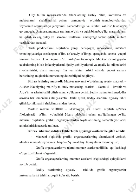 kil etuvchi ruhiy qadriyatlarni shakllantirishga xizmat qiladigan san’at turi. boshqa o‘quv mashg‘ulotlarida bilim berish ustuvor bo‘lsa, adabiyotda insonning ko‘ngli bilan, tuyg‘ulari bilan ishlanadi. chunki chinakkam insoniylikning asosiy belgisi boshqa odamlarning holatini tushunish, ularga tuyg‘udosh bo‘la bilishdan iboratdir. shu man’noda biror o‘quv predmeti yoki biror san’at turi adabiyotning o‘rnini bosa olmaydi. badiiy adabiyot o‘quvchilarning hissiyotlarini shakllantirib, tuyg‘ularini noziklashtirib, kechinmalarini teranlashtiradi. adabiyot darslarida o‘qilgan asar bo‘yicha talabalarga tayyor xulosalar berilmasligi kerak. o‘rganilayotgan badiiy asardan har bir tarbiyalanuvchi o‘zicha ta’sirlanishi, o‘zi istagan xulosaga kelishi lozim. bunday holatni yuzaga keltirish uchun o‘qituvchi ijodkor bo‘lishi, adabiyot darslari esa badiiy matnning joziba qudratini oshirishga qaratilgan bo‘lishi va o‘quvchilarni badiiy hodisadan zavqlana bilishga yo‘naltirilgan bo‘lishi maqsadga muvofiqdir. badiiy asar talaba -o‘quvchilarning ko‘ngil mulkiga aylanishi, ularning hissiyotlariga ta’sir etishi uchun o‘qituvchi badiiy asar bilan tarbiyalanuvchilar orasida vositachilik qiladi. albatta, bunday vazifalarni amalga oshirish o‘qituvchining zimmasiga tushadi. biz “alisher navoiyning ma’rifiy-ta’limiy asarlari (nazm ul-javohir”, “arba`in)” mavzusini o‘qitishda grafik organayzerlardan …