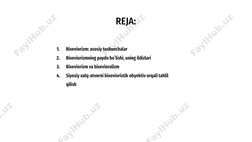 vchilarning qarorlari va fuqarolik faolligini qanday shakllantirishini o'rganadi, siyosiy ishtirok va guruh xatti-harakatlari dinamikasi haqida tushuncha beradi. bixeviorizmning siyosiy nazariyaga ta'siri behaviorizm psixologiyada sezilarli yondashuv sifatida paydo bo'lib, kuzatiladigan xatti-harakatga urg'u berdi. ushbu paradigma e'tiborni introspektsiyadan siyosiy xulq-atvorni o'rganishga ta'sir qiluvchi o'lchanadigan harakatlarga o'tkazdi. bixevioristik nuqtai nazardan qaraladigan siyosiy xatti-harakatlar empirik kuzatishga ustuvor ahamiyat beradi. olimlar saylovchilarning xulq-atvori, siyosiy ishtiroki va siyosiy ishtirokchilarning harakatlarini tahlil qiladi, siyosiy nazariya va amaliyotni shakllantiradi. bixeviorizmning ta'siri inson motivatsiyasi haqidagi taxminlarga qarshi chiqish orqali siyosiy nazariyaga ta'sir qiladi. ushbu empirik asos siyosiy jarayonlar va ijtimoiy dinamikani tushunishda ilmiy yondashuvni rag'batlantiradi. bixeviorizm kuzatilishi mumkin bo'lgan harakatlarga e'tibor qaratadi, xatti-harakat tashqi stimullar ta'sirida ekanligini ta'kidlaydi. bu nuqtai nazar jamiyatdagi siyosiy xulq-atvorni tizimli tahlil qilish imkonini beradi. 1 siyosiy xulq-atvorni bixevioristik ob'ektiv orqali o'rganish saylovchilarning javoblari va reaktsiyalaridagi naqshlarni aniqlashga yordam beradi. bu qaror qabul qilishning hissiy va ijtimoiy omillari haqida tushuncha beradi. 3 siyosiy xulq-atvorni xulq-atvor …