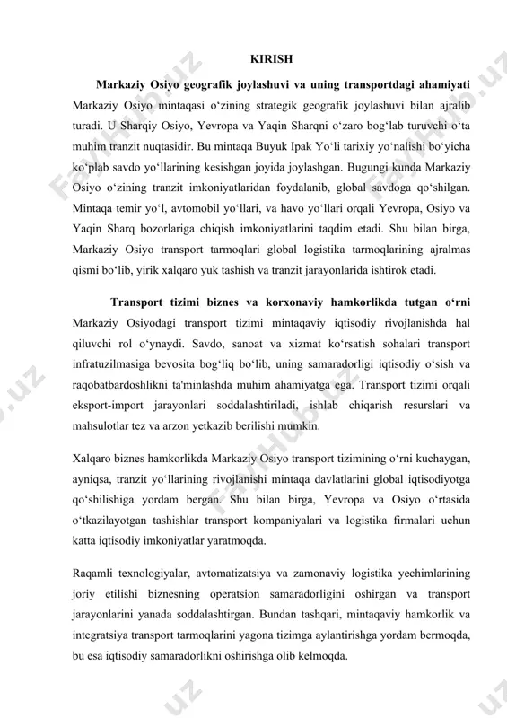 arzon yetkazib berilishi mumkin. xalqaro biznes hamkorlikda markaziy osiyo transport tizimining o‘rni kuchaygan, ayniqsa, tranzit yo‘llarining rivojlanishi mintaqa davlatlarini global iqtisodiyotga qo‘shilishiga yordam bergan. shu bilan birga, yevropa va osiyo o‘rtasida o‘tkazilayotgan tashishlar transport kompaniyalari va logistika firmalari uchun katta iqtisodiy imkoniyatlar yaratmoqda. raqamli texnologiyalar, avtomatizatsiya va zamonaviy logistika yechimlarining joriy etilishi biznesning operatsion samaradorligini oshirgan va transport jarayonlarini yanada soddalashtirgan. bundan tashqari, mintaqaviy hamkorlik va integratsiya transport tarmoqlarini yagona tizimga aylantirishga yordam bermoqda, bu esa iqtisodiy samaradorlikni oshirishga olib kelmoqda. 1-bo‘lim: markaziy osiyoda transport tizimining rivojlanish tarixi. sovet ittifoqi davrida transport infratuzilmasining shakllanishi. sovet ittifoqi davrida markaziy osiyoda transport infratuzilmasi yagona rejali tizim asosida shakllantirilgan edi. ushbu tizim ittifoqning umumiy iqtisodiy maqsadlariga xizmat qildi va asosan, markazlashgan holda rivojlantirildi. temir yo‘l tarmoqlari va avtomobil yo‘llari sovet ittifoqining yirik sanoat markazlarini o‘zaro bog‘lashga qaratilgan bo‘lib, mintaqa davlatlari orasidagi ichki transport aloqalari ikkinchi darajada bo‘lgan. ushbu davrda markaziy osiyoda ko‘plab yirik …