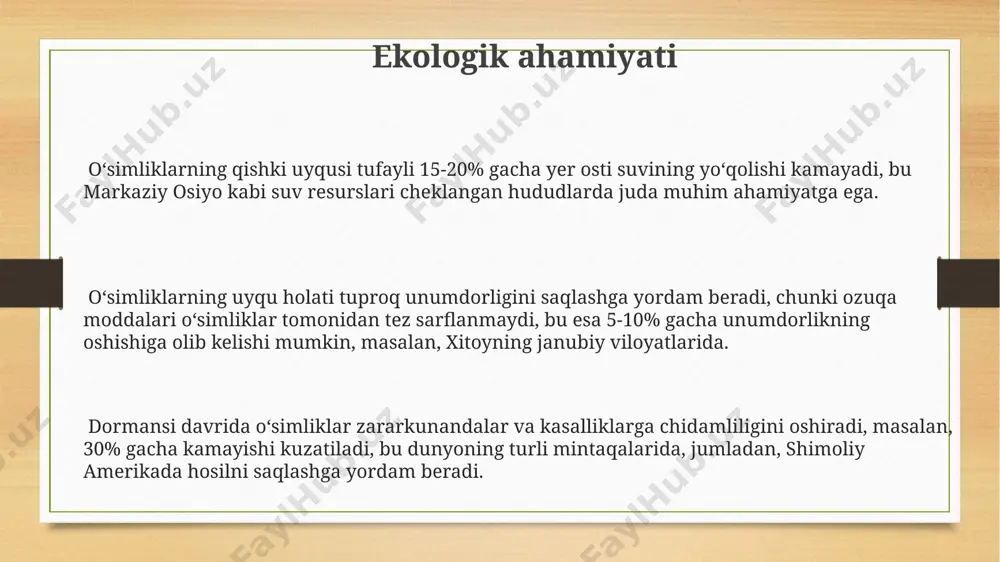 va gibberellinlar kabi fitogormonlar tomonidan tartibga solinadi. qisqa kun uzunligi (12 soatdan kam) va 5-10% gacha namlikning pasayishi, masalan, meksikadagi cho‘l mintaqalarida o‘simliklarda uyqu holatini keltirib chiqaradi. genetik asoslar arabidopsis thaliana o'simligida dormansiyani boshqaruvchi 100 dan ortiq gen aniqlangan bo'lib, ularning ko'pchiligi o'sish gormonlari va atrof-muhit signallariga javob beradi. g'alla ekinlarida, masalan, bug'doyda (triticum aestivum), vernalizatsiya jarayoni 6 hafta davom etadigan sovuq harorat ta'sirida o'zgarishlarga olib keladigan 15 dan ortiq genning ifodasini o'zgartiradi. qishki dormansiyaning boshlanishida, sovuq haroratlar ta'sirida, yaponiyalik olimlar tomonidan 2015-yilda kashf etilgan cbf transkripsiya faktorlari faollashadi. fiziologik jarayonlar urg‘ochi o‘simliklarda, masalan, 40% dan ortiq suv yo‘qotilishi kuzatilganda, fotosintez jarayoni to‘xtaydi va o‘simliklar metabolik faollikni 10-15% gacha kamaytiradi, bu esa dormancyning boshlanishiga olib keladi. meva daraxtlarining 5-7°c gacha sovishida, hujayra membranalarining suyuqligi pasayadi, bu esa shimoliy amerikada o‘tkazilgan tadqiqotlarga ko‘ra, hujayra metabolizmining pasayishiga va dormancyga olib keladi. o‘simliklarning qishki uyqusiga kirishiga 20-25°c harorat oralig‘ida prolin va absisik kislota …