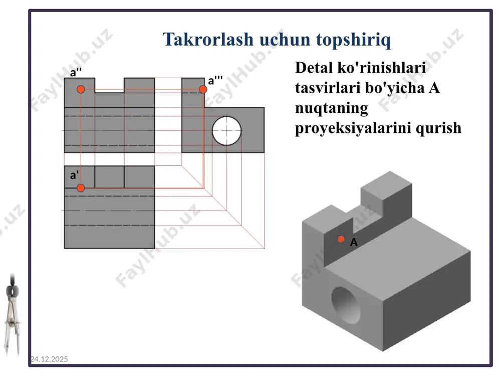 n n n tafsilot​ h tafsilotlar tafsilot​ vertikal format pozitsiyasi 02.10.2025 n = h qul . maydonlar (210 – 10) – ( h bolalar + va bolalar.) 3 chizmaning ish maydonini vertikal yo'nalishda hisoblash : h – chizmaning ish maydonining balandligi = 210 – (5 + 5) = 200 h - qismning balandligi a - qismning kengligi chizmaning ish maydonini gorizontal yo'nalishda hisoblash: l - chizmaning ish maydonining uzunligi = 297 - (20 + 5) = 272 l - qismning uzunligi a - qismning kengligi m = l qul. maydonlar - (297 - 25) - ( l bolalar . + va bolalar .) 3 format position - gorizontal 02.10.2025 m m m n n n qismning uzunligi l kengligi tafsilotlar a kengligi tafsilotlar a balandligi tafsilotlar h gorizontal format pozitsiyasi 02.10.2025 02.10.2025 grafik ish №5 "ikki ma'lumotdan uchinchi turdagi qurilish" ikkida ma'lumotdan uchinchi tur qurilish ikki ko'rinish berilgan: oldingi ko'rinish …