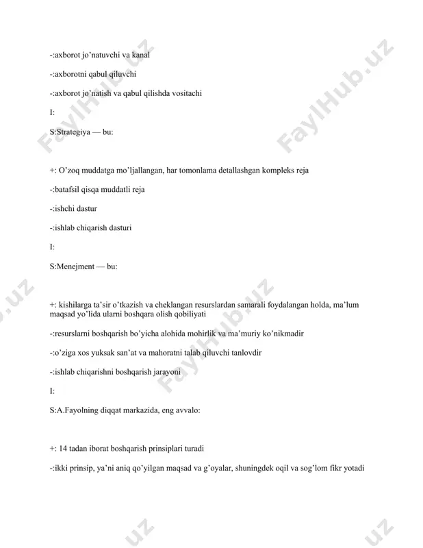 tilgan faoliyatdir i: s:«menejment» kursi iqtisodiy fanlar ichidagi quyidagi fanlar jumuasiga kiradi: +: umumiqtisodiy -:tarmoq -:funksional -:maxsus i: s:menejmentning uchta darajasi farqlanadi: +: oliy, o’rta, quyi -:texnik, boshqaruv, institusional -:iqtisodiy, moliyaviy, texnik -:gorizontal, vertikal, tarmoqli i: s:korxonaning boshqaruv modeli deganda nimani tushunasiz? +: korxonaning boshqaruv strukturasining sxemasi, boshqaruv apparati xodimlari o’rtasidagi munosabat, boshqaruvchi va boshqariluvchi o’rtasidagi munosabat -: korxonaning boshqaruv strukturasining sxemasi -:boshqaruv apparati xodimlari o’rtasidagi munosabat -:boshqaruvning quyi va oliy bosqichi orasidagi munosabat i: s:quyidagilarning qaysi birida eng ko’p boshqaruv elementlari yozilgan? +: tashkil etish, nazorat qilish, aloqa yo’llari, rejalashtirish, moliya, firma binosi -:rejalashtirish, asoslar va dalillar, xushyorlik, imidj -:oldindan aytib berish, nazorat qilish, ma’suliyat, ofis, tadbirkorlik -:markazlash-gan, miqdoriy, uzluksiz i: s:menejment ilmiy yondoshuvlari deganda qo’yidagilar tushuniladi: +: tizimli, jarayonli, vaziyatiy, miqdoriy -:xususiy, umumiy -:demokratik, ijtimoiy -:kompleksli i: s:insoniy munosabatlar yoki xulq — atvor maktabi fikrlarining rivojlanish davri: +: 1950- hozirgi davrgacha -:1920- 1950 yil -:1885-1920 yil -:1950-1985 yil …