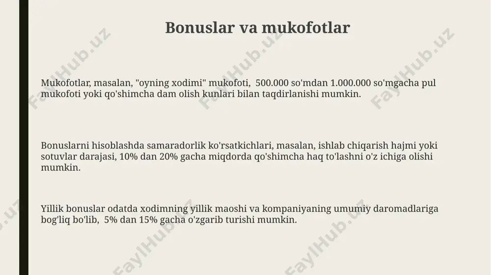 ydi, bu esa xodimning mehnat unumdorligini 10-15% ga oshiradi. ish haqini hisoblashda avtomatlashtirish xatoliklar sonini 30% ga kamaytirib, ish haqi bo'yicha hisobot tayyorlash vaqtini 2 barobar tezlashtirishi mumkin. zamonaviy ish haqi hisoblash dasturlari ma'lumotlar bazasini qo'llab-quvvatlaydi va 5000 dan ortiq xodimning ma'lumotlarini samarali qayta ishlashi mumkin. ish haqi va mehnat xarajatlarini tahlil qilish agar ishlab chiqarish hajmi 10% ga kamaygan bo'lsa, lekin ish haqi fondi o'zgarishsiz qolsa, mehnat xarajatlarining birlik mahsulotga nisbati 10% ga oshadi, bu esa rentabellikni pasaytiradi. ish haqining o'rtacha oylik miqdori 5 million so'm bo'lsa va ishchilar soni 100 ta bo'lsa, oylik ish haqi fondini hisoblash uchun 5 million so'mni 100 ga ko'paytiramiz, bu 500 million so'mni tashkil etadi. mehnat unumdorligini oshirish uchun qo'shimcha 10% miqdorida ish haqi mukofotlari joriy etilsa, 500 million so'mlik ish haqi fondiga 50 million so'm qo'shiladi va umumiy xarajatlar 550 million so'mga yetadi. mehnat unumdorligini oshirish zamonaviy texnologiyalarni qo'llash va ishchilarni samarali …