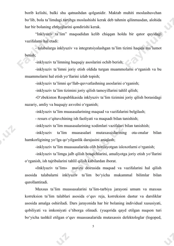 (o‘quv rejasi emas) deb bu jarayonga yondashadi. ushbu yondashuvlar bolalar xar xil sharoitda o‘qiydi, rivojlanadi, ma’lumotni har xil tezlikda qabul qiladi degan e’tirofga asoslanadi. ular har bir bolaning shu qatorda maxsus ehtiyojli bolalarning ham ehtiyojlarini qondiradigan ta’lim muhitini yaratib berishga qaratilgan. inklyuziv ta’limning maqsadi - maktablarni maxsus ehtiyojli bolalarning ehtiyojlariga javob beradigan qilib moslashtiradigan jarayonni qo‘llab–quvvatlash. «moslashtirish» deganda nafaqat maxsus ehtiyojli bolalarni maktabga bemalol borib kelishi, balki shu qatnashdan qolganidir. maktab muhiti moslashuvchan bo‘lib, bola ta’limdagi tartibga moslashishi kerak deb tahmin qilinmasdan, alohida har bir bolaning ehtiyojlarini qondirishi kerak. “inklyuziv ta’lim” maqsadidan kelib chiqqan holda bir qator quyidagi vazifalarni hal etadi: - talabalarga inklyuziv va integratsiyalashgan ta’lim tizimi haqida ma’lumot berish; -inklyuziv ta’limning huquqiy asoslarini ochib berish; -inklyuziv ta’limni joriy etish oldida turgan muammolarni o‘rganish va bu muammolarni hal etish yo‘llarini izlab topish; -inklyuziv ta’limni qo‘llab-quvvatlashning asoslarini o‘rganish; -inklyuziv ta’lim tizimini joriy qilish tamoyillarini tahlil qilish; -o‘zbekiston respublikasida inklyuziv ta’lim …