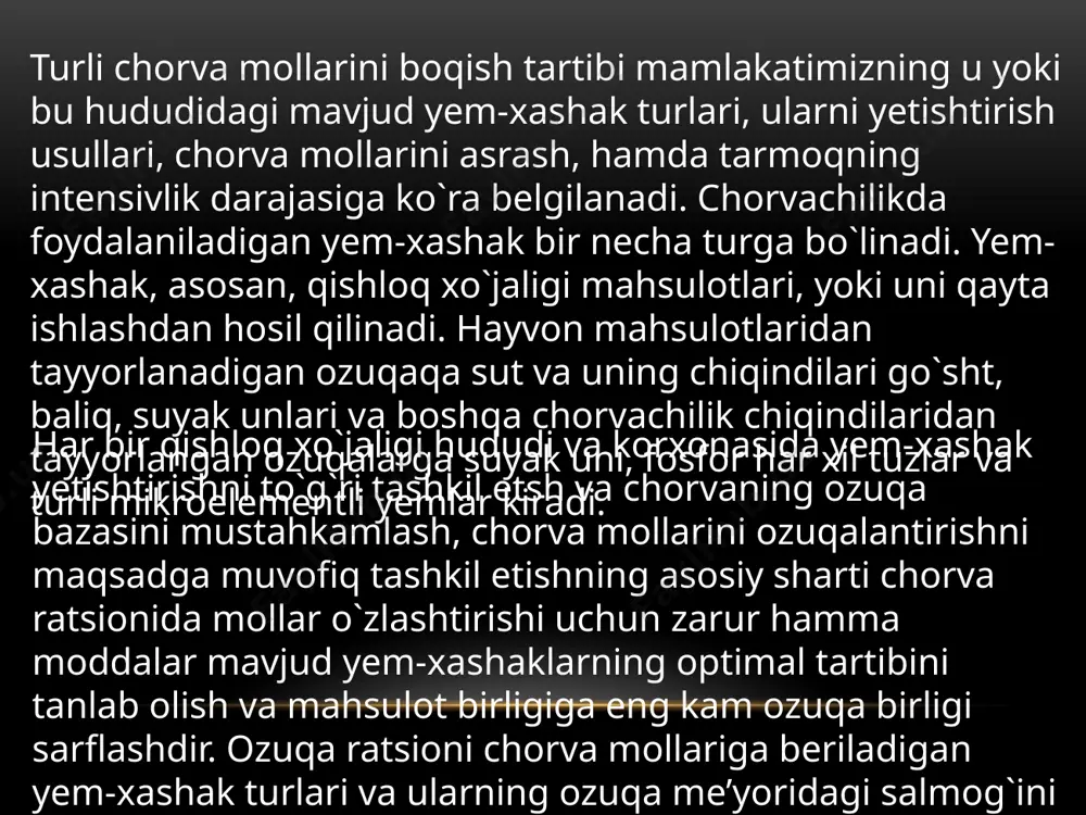 ida qariyb 80 foizni tashkil qiladi. bularning hammasi shuni koʻrsatadiki, qishloq xoʻjalik ishlab chiqarishni koʻngildagiday surʼatlar bilan rivojlanmasa, xalq turmush darajasini oshirishning hech qanday eng yaxshi programmasini ham roʻyobga chiqarib boʻlmaydi goʻsht va sut uchun boqiladigan qoramol zotlari - boʻrdoqiga boqilganda koʻp goʻsht-yogʻ qiladigan, sogʻin davrida koʻp sut beradigan mollar. bularga aberdin-angus (qarang aberdinangus qoramol zoti), shvits, olatov, kostroma, lebedin, bestujev, simmental kabi qoramol zotlari kiradi. sigirlari vazni 450—550 kg , buqalariniki 800—900 kg . sigirlari oʻrtacha 2500—3000 kg , ayrimlari 40005000 kg sut beradi. sutining yogʻliligi 3,7— 4,2%. bu qoramollarning gavda tuzilishi pishiq, yelini yaxshi rivojlangan. semirtirilganda 56—58%, hatto 60— 65% goʻsht-yogʻ qiladi. qo‘ychilik xalq xo‘jaligida muhim ahamiyatga ega. u insonni qimmatli go‘sht, yog‘ va sut bilan ta’minlaydi. o‘rta osiyo xalqlari qo‘y go‘shtini sevib iste’mol qiladilar va xilma-xil ovqatlar tayyorlaydilar. chorvachilikning boshqa birorta sohasi qo‘ychilik singari xilma-xil mahsulot berolmaydi. qo‘ychilik go‘sht, sut va yog‘dan tashqari jun, qorako‘l te'ri va …