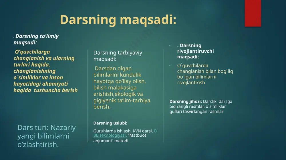 gdondan chiqqan changning hasharotlar, shamol ,suv , qushlar va o`zga vositalar yordamida urug`chi tumshuqchasiga tushishiga chetdan changlanish deyiladi. chetdan changlanish hasharotlar va shamol yordamida amalga oshadi. hasharotlar yordamida changlanadigan o`simliklarga: olma, o`rik, nok, beda, g`o`za, oqquray kabi o`simliklar kiradi. mevali daraxtlar va g`o`za gullaganda bog`bonlar va paxtakorlar asalari qutilarini bog`larga va paxta dalalariga olib chiqishadi. bundan maqsad, birinchidan gullarni changlatib mo`l hosil olish, ikkinchidan yaxshi sifatli xushbo`y asal yetistirishdir. bir gramm asal yigish uchun har bir asalari minglab guldan-gulga qo`nadi. hasharotlar yordamida changlanadigan o`simliklarning gullari o`zidan xushbo`y hid taratib hasharotlarni o`ziga jalb qiladi. shunday o`simliklar borki ularning guli faqat shamol yordamida changlanadi. bunday o`simliklarning gullari ko`rimsiz, mayda va hidsiz changi yengil va ko`p bo`ladi. chang shamol yordamida bir guldan boshqa gulga o`tsa bunday changlanish shamol yordamida changlanish deyiladi. shamol yordamida changlanadigan o`simlilarga: bug`doy, arpa, sholi, suli, tol, terak yong`oq kabi o`simlilar kiradi . bug`doy shamol yordamida changlanadigan o`simlidir. bug`doy gullari …