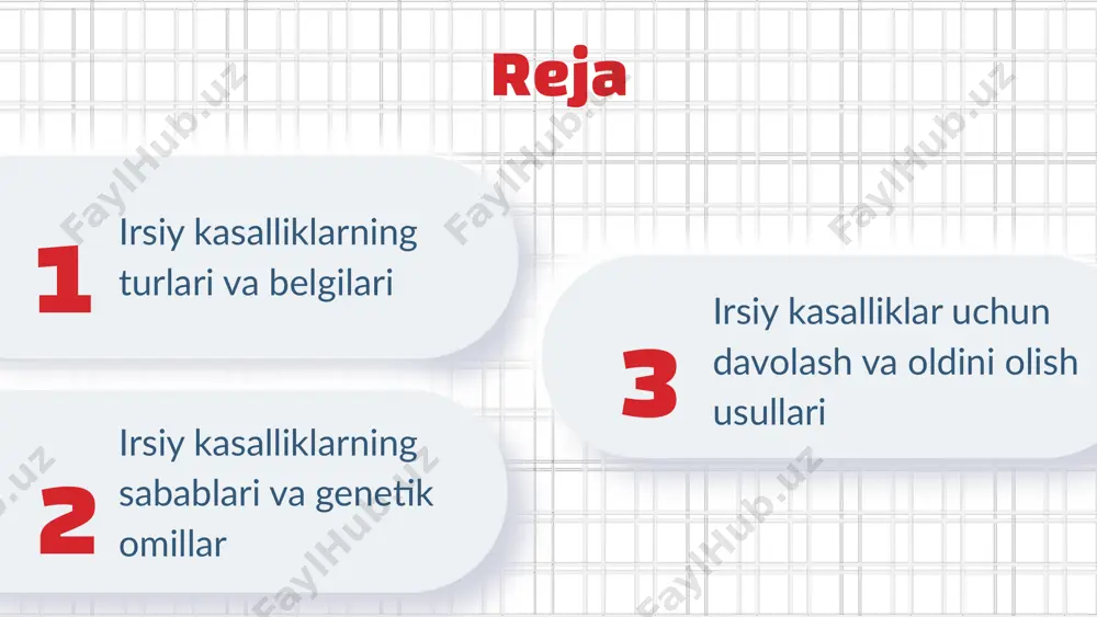 adi. belgilar qanday paydo bo'lishi esa genetik omillar va kasallik mexanizmlariga bog'liq. tsistiks fibrozda nafas olish muammolari o'ziga xos bo'lib, bu belgilar kasallikning rivojlanishi bilan birga kuchayishi mumkin. irsiy kasalliklarning sabablari irsiy kasalliklar, genetik omillarga asoslangan kasalliklar bo'lib, mutatsiyalar va genetik o'zgarishlar orqali paydo bo'ladi. masalan, kistoz fibroz, cftr genidagi mutatsiya natijasida rivojlanadi, bu esa nafas olish va hazm qilish tizimida muammolarni keltirib chiqaradi. shuningdek, sickle cell anemia kabi kasalliklar gemoglobin genidagi o'zgarishlar bilan bog'liq. bu genetik o'zgarishlar turli kasalliklarning rivojlanishiga ta'sir ko'rsatib, diagnostika va davolash jarayonida qiyinchiliklar tug'dirishi mumkin. genetik omillar va ularning ta'siri genetik omillar irsiy kasalliklarda muhim rol o'ynaydi. genlar orqali o'zgarishlar kasalliklarni keltirib chiqarishi mumkin. genetik o'zgarishlar, masalan, mutatsiyalar, kasalliklarni rivojlantirishi mumkin. bu o'zgarishlar nasldan-naslga o'tadi. masalan, kistik fibroz gen mutatsiyasi tufayli yuzaga keladi, bu nafas olish tizimiga ta'sir qiladi. statistik ma'lumotlarga ko'ra, kistik fibroz bilan kasallanganlar 2500dan birida uchraydi. irsiy kasalliklar va muhim genlar irsiy …