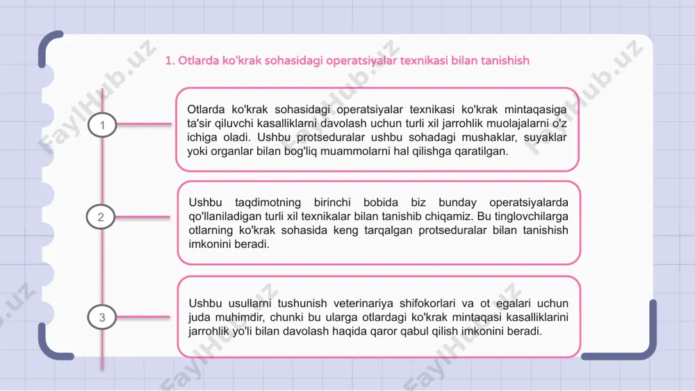 shunishlari kerak. mashg'ulot va tajriba ishtirok etgan texnikani o'zlashtirishda hal qiluvchi ahamiyatga ega. 6. otlarda ko'krak sohasi operatsiyalari uchun operatsiyadan oldingi parvarishlash muvaffaqiyatli protsedura uchun otlarda ko'krak qafasidagi operatsiyalar uchun operatsiyadan oldingi parvarish juda muhimdir. bunga otning jarrohlik uchun yaroqliligini ta'minlash uchun to'liq fizik tekshiruvlar, tasviriy tadqiqotlar va qon tekshiruvi kiradi. jarrohlik joyi infektsiyalarni oldini olish uchun soqol olish va sterilizatsiya qilish orqali tayyorlanadi. og'riqni yo'qotish va protsedura davomida otning harakatsizligini ta'minlash uchun behushlik ehtiyotkorlik bilan amalga oshiriladi. operatsiyadan keyingi parvarish otni shish, infektsiya yoki noqulaylik kabi har qanday asoratlar belgilari uchun diqqat bilan kuzatishni o'z ichiga oladi. yarani to'g'ri davolash va dori-darmonlar silliq tiklanish jarayoni uchun zarurdir. 1 2 3 7. operatsiyadan keyingi parvarish va otlar uchun ko'krak mintaqasi operatsiyalarida monitoring otlarda ko'krak mintaqasidagi operatsiyadan so'ng, operatsiyadan keyingi parvarish ularning tiklanishi uchun juda muhimdir. bu infektsiyaning har qanday belgilarini kuzatish, yaraning to'g'ri davolanishini ta'minlash va kerakli dori-darmonlarni ta'minlashni o'z …