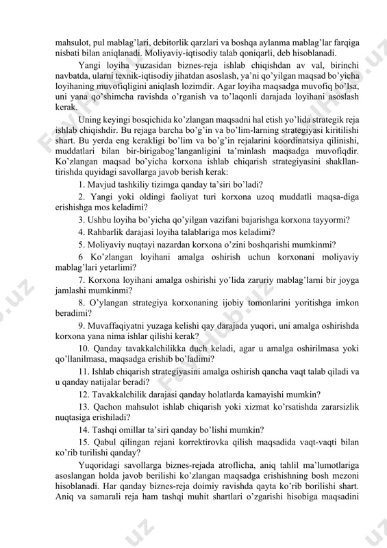 gan davrda korxona moliyaviy holatini chuqur tahlil etishni taqozo qiladi. maqsad — mavjud aktivlardan oqilona foydalanish va korxonani kelgusida strategiyali rejalashtirishni aniqlashdir. korxonaning moliyaviy hisoboti keng ma’noda olganda, imkoniyatli sheriklar (hissadorlar, qarz beruvchilar, mol yetkazib beruvchilar) bilan uzviy aloqani bosh manbayi vavositachisi bo’lib xizmat qiladi. hisobot ko’rsatkichlari tahlil etishni to’g’ri yo’lga qo’yilishi korxona moliyaviy xo’jalik faoliyatini tahlil etish va sheriklarda ishbilarmonlik jarayonlarini birgalikda amalga oshirishga ishonch tug’diradi. korxona moliyaviy-xo’jalik faoliyatini tahlil etishda axborot manbayi etib buxgalteriya balansi va moliyaviy natijalar hisoboti olinadi. korxona balansidan aniq bir davrga (chorak, yil) moliyaviy holat to’g’risida tavsifnoma olish mumkin. shaxsiy mablag’lar bilan ta’minlanganlik. bu ko’rsatkich korxonani moliyaviy turg’unligini ta’minlovchi aylanma mablag’-larini mavjudligini bildiradi. shaxsiy mablag’lar bilan ta’minlanganlik koeffitsiyenti bu shaxsiy aylanma mablag’lar hajmi manbayidan haqiqiy asosiyvositalar qiymati va aylanmadan tashqari aktivlar farqini korxona aylanmasida bo’lgan mavjud ishlab chiqarish zaxiralari ko’rinishidagi aylanma mablag’lar, tugallanmagan ishlab chiqarish, tayyor mahsulot, pul mablag’lari, debitorlik qarzlari va boshqa aylanma …