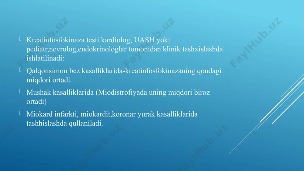 olash: bemorda miokard infarktidan shubha qilinganida, davolanish darhol eng yaqin shifoxonaga yotqizilishi bilan boshlanadi va shoshilinch kompleks reanimatsiya choralari ko'riladi. bemorni tinchlantirish juda muhimdir. narkotik og`riq qoldiruvchilar yordamida og'riq yo'qotiladi, aritmiya, yurak yetishmovchiligi va kardiogen shok to'xtatiladi. agar bemor holat qoniqarli bo'lsa, kasalxonaga yotqizilgan kuni yoki ertasi kuni koronar angioplastika (arteriyalar devorini kengaytirish uchun operatsiya) amalga oshiriladi. reabilitatsiya va uning davomiyligi yurakning qanchalik zararlanganiga bog'liq. reabilitatsiya mutaxassis tomonidan nazorat qilinadigan qayta tiklash terapiyasi, maxsus yengil parhez va jismoniy faoliyatdan iborat. e’tiboringiz uchun raxmat!!! image1.png image2.png image3.png image4.png image5.png image6.png