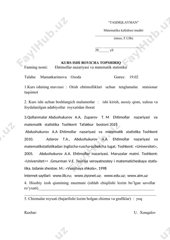 abasi mamatkarimova ozoda ilmiy rahbar: o�qituvchi xonqulov u farg�ona-2021 reja kirish asosiy qism: i bob statsionar tasodifiy jarayonlar 1.1. statsionar tasodifiy jarayonlar 1.2. markov jarayonlari ii bob markov zanjirlari 2.1. markov zanjirlari. o�tish ehtimolliklari. 2.2. markov zanjiri holatlarining klasssifikatsiyasi xulosa foydalanilgan adabiyotlar kirish davlatimizda yoshlarimizni barkamol qilib voyaga yetkazish, ularga bilim, ta�lim-tarbiya berish masalasi konstitutsiyaviy maqomga ega bo�ldi. ma�naviyatimiz asosini tashkil etgan, hayotimizning ajralmas qismiga aylangan, davlatimizning doimiy diqqat-e�tiborida turgan ta�lim masalasi asosiy qonunimizdan mustahkam o�rin oldi. o�zimizning ma�naviy burchimizni oqlashni istasak, ularga otalarcha g�amxo�rlik qilishimiz kerak�. o`zbekiston respublikasi prezidenti shavkat mirziyoyev 2017-yili 15-iyun kuni toshkentda bo�lib o�tgan "ijtimoiy barqarorlikni ta�minlash, muqaddas dinimizning sofligini asrash � davr talabi" mavzuidagi anjumanda so�zlagan nutqida yosh avlod tarbiyasi haqida alohida to�xtalib o�tdi. "bizni hamisha o�ylantirib keladigan yana bir muhim masala � bu yoshlarimizning odob-axloqi, yurish-turishi, bir so�z bilan aytganda, dunyoqarashi bilan bog�liq. bugun zamon shiddat bilan o�zgaryapti. bu o�zgarishlarni hammadan ham ko�proq his …