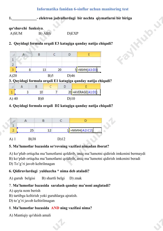 o'quvchi ism va familyasi: _________ ______________________________ expert gurux rahbari: _________ ______________________________ a'zo: _________ ______________________________ informatika fanidan 7-sinflar uchun manitoring test 1.multimedia nima? a) taqdimotga qoʻshish mumkin boʻlgan elementlar, jumladan, animatsiya, audio va video b) bir slayddan keyingi slaydga oʻtish uchun foydalaniladigan animatsiya d) slayddagi matn va tasvirlarga qoʻshish mumkin boʻlgan turli harakatlar 2. hujjatga kiritilishi kerak boʻlgan har qanday matn, rasm, audio va video nima deyiladi? a) trigger b) kontent d) effekt 3.slayddagi matn va tasvirlarning tartiblangan ko‘rinishlari nima deb ataladi? a) maket b) format d) animatsiya 4. slaydga o’tish effekti qaysi menyu orqali amalga oshiriladi? a) design b) view d) transitions 5. almashish/o‘tish animatsiyasi qanday ko‘rinishini va eshitilishini boshlash uchun ………….. tugmasini bosiladi. a) file b) start d) preview 6. animatsiyalar necha turga ajratilgan? a) 2 b) 3 d) 4 7. slaydga animatsiyalar qaysi menyu orqali qo’shiladi? a) design b) preview d) animations 8. with previous parametri nimani anglatadi? …