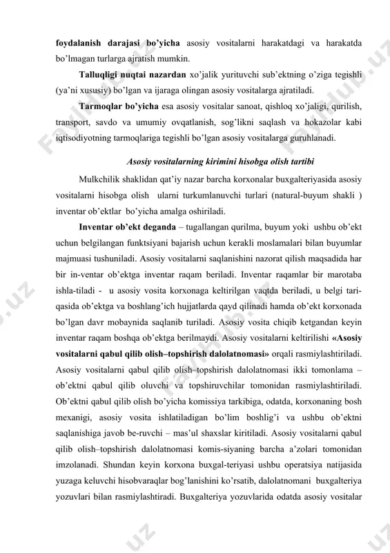 arajatlar kapital-lashtiriladi, ular aktivlarni sotib olish deb tavsiflanadi va aktivning mos keladigan hisobvarag’ining debeti bo’yicha hisobga olinadi. aktivning kapital-lashtirilgan qiymati joriy va kelgusi davrlar uchun xarajatlar deb eskirish (amortizatsiya) orqali tan olinadi. sotib olingandan keyin aktivni foydalanishga topshirishdan oldin foydalanishga tayyorlashda qilingan barcha xarajatlar aktivning qiymatiga qo’shiladi. uskunalar o’rnatish va rekonstruktsiya qilish xarajatlari, binoni zamonaviylashtirish va tarkibiy o’zgartirishlar, ya’ni sotib olingan yoki foy-dalanilayotgan aktivlar bilan to’g’ridan-to’g’ri bog’liq shunga o’xshash xarajatlar aktivning boshlang’ich qiymatining qismi sifatida kapitallashtiriladi. zamonaviylashtirish vaqtidagi ustama xarajatlar, jumladan, sug’urta to’-lovi, soliqlar, nazorat idoralariga to’lovlar, shuningdek, oldin foydalanishda bo’lgan aktivni ta’mirlash bilan to’g’ridan-to’g’ri bog’liq bo’lgan yordamchi xa-rajatlar ham kapitallashtiriladi. bu xarajatlar aktivning qiymatini oshiradi va korxona uchun uzoq muddatli manfaatlarga olib keladi. olingan aktivni ta’-mirlash bilan bog’liq bo’lgan shunga o’xshash xarajatlar kapitalizatsiya kilinmaydi. umuman aktivning umumiy kutilayotgan foydaliligini oshirmaydigan xarajatlar kapitalizatsiya qilinmaydi. masalan, asosiy vositalarni o’rnatishda paydo bo’lgan shikastlanishlarni ta’mirlash xarajatlari kapitalizatsiya qilinmaydi. asosiy vositalar korxonaga bir necha …