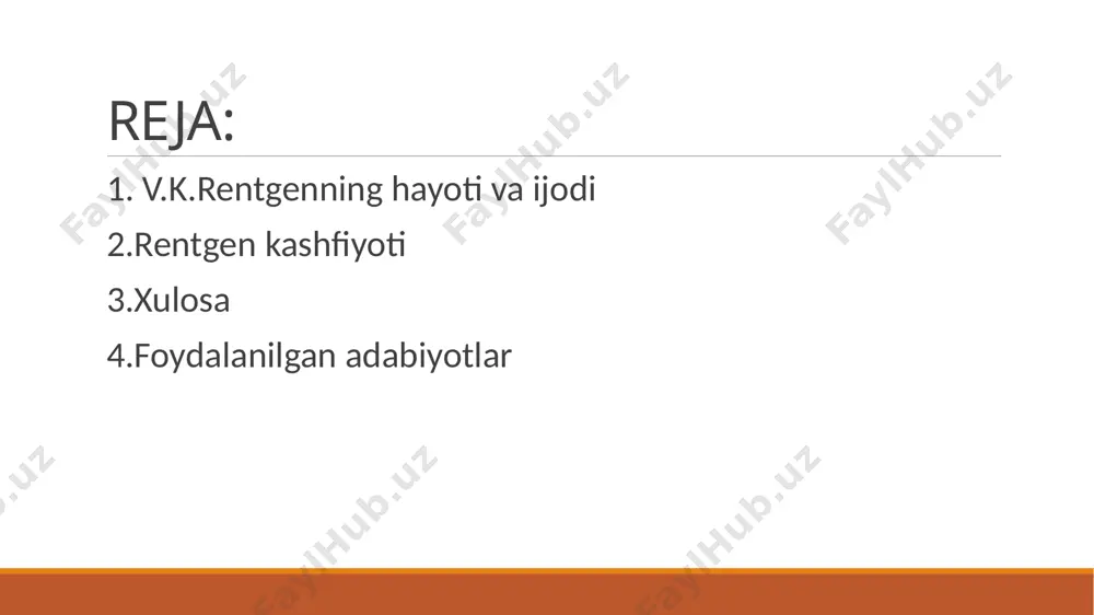 do‘sti va ustozidan ajraladi. ko‘p vaqt o‘tmay v.k.rentgen vyursburgdagi fizika institutiga direktor qilib tayinlanadi va bu yerda "sirli" nurni kashf etadi. katod nurlari ustidagi tajribalariga rentgen puxta tayyorlangan. u hech qanday yorug‘lik va katod nurlarini o‘tkazmaydigan g‘ilof tayyorlaydi, uning ichiga gittorf-kruks trubkasini joylaydi. 1895 yil 8 noyabr oqshomida v.k.rentgen katod nuri ustida tajriba o‘tkazadi. qorong‘i sharoitda har gal katod nurini ulaganida u bariy platinosianid bilan qoplangan qattiq qog‘ozning yorishishini kuzatadi. bunday hodisa uni juda qiziqtiradi. noma`lum hodisadan hayratda qolgan rentgen labaratoriyadan tashqariga chiqmay, 9 vaqt-vaqti bilan ovqat keltirib turishni xotinidan iltimos qiladi. laboratoriyaga yig‘ma karavot qo‘yib, yetti hafta hech qayerga chiqmaydi. bir necha bor o‘tkazilgan tajribalar natijasida rentgen elektr tokiga ulangan trubkaning katod va yorug‘lik nularidan tashqari yana bir noma`lum nur sochishi va uning trubka oynasidan, yorug‘lik o‘tkazmaydigan g‘ilofdan va qalin qavatli havodan o‘tish xususiyatiga ega ekanligiga ishonch hosil qiladi. v.k.rentgen elektrga ulangan trubka bilan ekran orasiga qalin kitob qo‘yganida, …