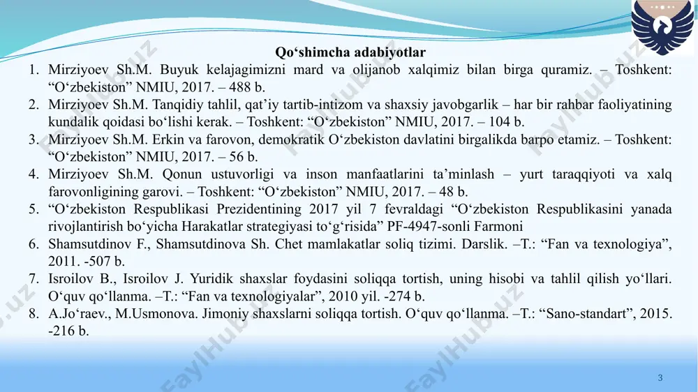 g davlat mulkiga aylanishidir to‘langan soliqlar mamlakat miqyosida hammaga bir xil miqdorda qaytib keladi majburiylik бюджет даромадлари манбаларининг шаклланиши soliq printsiplari majburiylik prinsipi soliq solishning aniqligi va soliq organlarining soliq to‘lovchilar bilan hamkorligi prinsipi soliq to‘lovchining haqligi prezumpsiyasi prinsipi soliq to‘g‘risidagi qonun hujjatlaridagi barcha bartaraf etib bo‘lmaydigan qarama-qarshiliklar va noaniqliklar soliq to‘lovchining foydasiga talqin etiladi. soliqlarni va yig‘imlarni belgilovchi soliq to‘g‘risidagi qonun hujjatlari, soliq to‘lovchilarni hamda ushbu soliqlarning va yig‘imlarning boshqa barcha elementlarini, shu jumladan ularni to‘lash muddatlari va tartibini aniqlab berishi kerak. adolatlilik prinsipi. oshkoralik prinsipi har bir shaxs soliq kodeksida belgilangan soliqlar va unda nazarda tutilgan yig‘imlarni to‘lashi shart. soliq tizimining yagonaligi prinsipi soliqlar va yig‘imlar kamsitish xususiyatiga ega bo‘lishi hamda ijtimoiy, irqiy, milliy, diniy va boshqa shu kabi mezonlardan kelib chiqqan holda qo‘llanilishi mumkin emas soliq tizimi o‘zbekiston respublikasining butun hududida yagonadir. soliq to‘g‘risidagi qonun hujjatlari rasman e’lon qilinishi shart xulosa 1. soliq deganda soliq kodeksida belgilangan, …