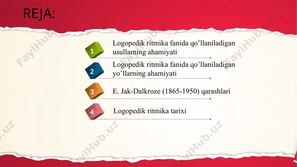 ir nutqida nuqsoni bo'lgan bolalar nutqida va psixomotor rivojlanishida sezilarli og'ishlarga ega fonetik-fonemik nutqi rivojlanmagan maktabgacha yoshdagi bolalar uchun guruhda dislaliya va dizartriyali bolalar o'qitiladi. dislaliya bilan og'rigan bolalarda umumiy motorning jiddiy buzilishi yo'q. ko'proq darajada ular mayda motorika va artikulyatsion vosita mahoratidan, eshitish va nutq ritmidan aziyat chekishadi. dizartriya bolalarda mushak tonusi kuchayadi, harakatlarning statik va dinamik koordinatsiyasi, harakatlarning o'zgaruvchanligi, temp va ritm buziladi.ushbu xususiyatlar butun motor sohasiga xosdir, ya'ni. ham umumiy motorli ko'nikmalar uchun, ham mimik, qo’lning mayda motorikasi va artikulyatsion apparat rivojlanish qobiliyatlari uchun. umumiy nutqi kam rivojlangan maktabgacha yoshdagi bolalar uchun asosiy rivojlanish qobiliyatlari va ko'nikmalarining etarli darajada shakllanmaganligi, umumiy harakatlanish noqulayligi va optik-fazoviy gnozdagi buzilishlar xarakterlidir. ularning harakatlari ritmik ravishda tashkil etilmagan, motorikaning tez charchoqlanishi kuchayadi, xotirasi va e'tibor kamayadi. rossiyada va chet ellarda logopedik ritmikaning rivojlanish tarixi harakatlarni rivojlantirishda ritmning ahamiyati to'g'risida zamonaviy g'oyalar har qanday harakat odam tomonidan ma'lum bir maromda amalga oshiriladi. …
