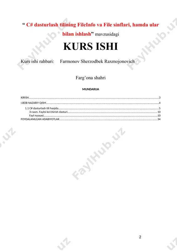 bli, uzluksiz ta’lim tizimining o’rta va yuqori bosqichlariga informatika, ishlab chiqarish va boshqarish jarayonlarini kompyuterlashtirish bo’yicha bir qator o’quv fanlari kiritilgan.keyingi yillarda amaliy dasturchilarga juda ko’p integratsion dastur tuzish muhitlari taklif etilyapti. bu muhitlar u yoki bu imkoniyatlari bilan bir-biridan farq qiladi.hozirgi kunda respublikamizdagi texnika oily o`quv yurtlarida “informatika va axborot texnologiyalari” yo`nalishi mutaxasislariga turli xil dasturlash tillarini o’rganish yuklatilmoqda. bizga ma`lumki, dasturlash tillarining yuzdan ortiq ko`rinishlari bor, lekin qo`llanishi ko`lamiga qarab delphi, java, c++ va c# dasturlash tillari yuqori dasturlash sinfiga mansubdir. kurs ishining dolzarbligi. respublikamiz o’z mustaqilligiga erishganidan so’ng jamiyatimizda bir qator qonunlar va umummilliy dasturlarning qabul qilinishi, huquqiy demokratik jamiyatni barpo etishda va buyuk kelajak sari olg’a qadam qo’yishimizda mustaqil poydevor bo’lib xizmat qilmoqda. respublikamizda barcha soha singari ta’lim tizimida axborot texnologiyalaridan samarali foydalanishga katta e’tibor qaratilmoqda. shu sababli respublikamizda axborot texnologiyalarini rivojlantirishga doir bir nechta davlat qonunlari, farmonlari va prezident qarorlari qabul qilindi. jumladan, o’zbekiston respublikasi …