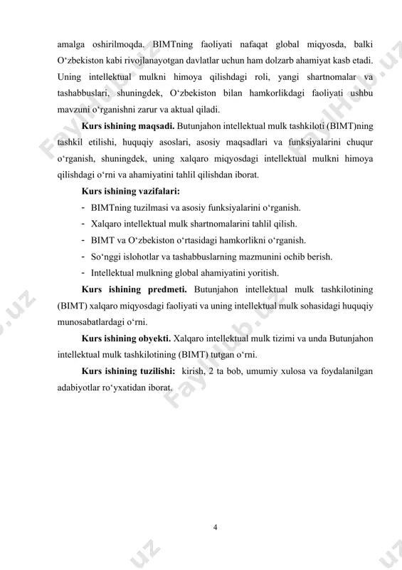 hiqildi va hozirgi kunda 179 ta davlat a'zo hisoblanadi. bern konvensiyasi 1886-yil 9-sentabrda shveytsariyaning bern shahrida qabul qilindi. u adabiy va badiiy asarlarni — kitoblar, musiqiy asarlar, rasmlar, filmlar va boshqa ijodiy ishlanmalarni — xalqaro miqyosda himoya qilishni nazarda tutadi. konvensiya mualliflik huquqlarini himoya qilish bo‘yicha birinchi xalqaro kelishuvdir. bern konvensiyasi uchta asosiy prinsipga asoslanadi: "milliy muomala", ya'ni har bir a'zo davlat boshqa a'zo davlatlar mualliflariga o‘z fuqarolariga taqdim etilgan huquqlarni taqdim etishi; "avtomatik himoya", ya'ni asar yaratilgan zahoti himoya qilinadi, ro‘yxatdan o‘tkazish talab etilmaydi; va "mustaqil himoya", ya'ni asar boshqa davlatda himoya qilinmasa ham, a'zo davlatda himoya qilinadi. bern konvensiyasi bir necha bor qayta ko‘rib chiqildi va hozirgi kunda 181 ta davlat a'zo hisoblanadi. parij va bern konvensiyalari intellektual mulkni xalqaro miqyosda himoya qilishning asosiy poydevorini yaratdi. ular orqali mualliflar va ixtirochilar o‘z asarlarini va ixtirolarini boshqa davlatlarda ham himoya qilish imkoniyatiga ega bo‘ldilar. bu konvensiyalar zamonaviy intellektual mulk …