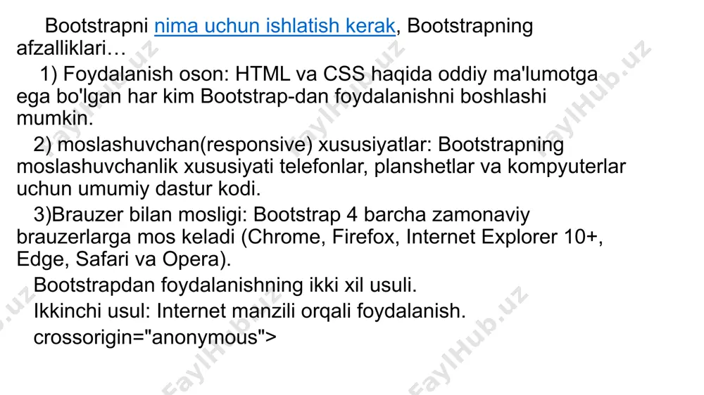ishingiz mumkin. bootstrapda navigatsiya menyulari ma’lumotlar bootstrapning rasmiy sahifasidan 4.1 versiyasidan olindi. navigation bar yoki navbar saytning tepasida joylashgan menyular qatori hisoblanadi.bootstrap yordmaida uni turli xil ko’rinishlarga keltirishimiz mumkin. navbarlar bir nechta kichik tarkibiy qismlarni qo'llab-quvvatlaydi. zarur bo'lganda quyidagilarni ishlatishimiz mumkin: .navbar-brend kompaniyangiz, mahsulotingiz yoki loyihangiz nomi uchun. .navbar-nav to'liq balandlik va yengil navigatsiya uchun (shu jumladan ochiladigan dasturlarni qo'llab-quvvatlash). har qanday shaklni boshqarish va harakatlar uchun .form-inline. .navbar-vertikal markazlashtirilgan satrlarni qo'shish uchun matn. .collapse.navbar-kollaps, navbar tarkibini parent to'xtash nuqtasi bilan guruhlash va yashirish uchun. pastdan boshlab navbarlarga misol keltirishni boshlayman va u lg larni qo’llab quvvatlaydi,saytni kichraytirsak responsive holatga keladi. jquery ui – bu gui vidjetlari, animatsion vizual effektlar va jquery ( kutubxonasi),uslublar jadvallarining kaskadli jadvallari va html bilan bajarilgan mavzular to'plamidir javascript tahlil xizmati ma'lumotlariga ko'ra, libscore , jquery ui bir millionga yaqin eng yaxshi veb-saytlarning 197000 dan ko'prog'ida ishlatilgan va bu ikkinchi eng mashhur javascript kutubxonasiga aylanadi. …