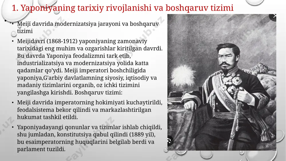 latasi tomonidan qabul qilingan qonunlarni rad etish huquqiga ega. parlament xitoydan farqli o'laroq, yapon parlamentining boshqaruvga ta'sirini kamaytiradigan alohida va samarali tasdiqlash tizimiga ega. bosh vazir parlament tomonidan saylanadi va u amaldagi siyosatni amalga oshirishda asosiy ro'lni oynaydi. bosh vazir hukumatni tashkil etadi va undan songgi qarorlarni korsatadi. yaponiyada boshqaruv tizimi kuchli tashkilily tuzilishga ega va har bir institut oz vazifasini samarali bajaradi. asosiy boshqaruv institutlari quyidagilardan iborat: bosh vazirlik: bu institut yapon hukumati boshqaruvining markazidir va barcha siyosiy, iqtisodiy va ijtimoiy sohalarga oid masalalarni tartibga soladi. iqtisodiy rejalashtirish agentligi: yaponiyaning iqtisodiy tizimini boshqaradi va uzoq muddatli iqtisodiy rejalashtirishni amalga oshiradi. ichki ishlar vazirligi :mahalliy hukumatlar va amaldorlar uchun boshqaruv va nazorat qilishni amalga oshiradi adliya vazirligi : sud tizimini nazorat qiladi va fuqarolarning huquqlari himoya qilinishiga mas'uldir. milliy xavfsizlik kengashi : xavfsizlik va mudofaa masalalarini boshqaradi va xalqarosiyosatda yaponiyaning manfaatlarini himoya qiladi. sog'liqni saqlash va ijtimoiy ta'minot: bu vazirlik …