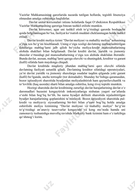 ha byudjet harajatlarini restrukturizatsiya qilish; · byudjet yordamida tartibga solish mexanizmini takomillashtirish; · byudjet assignovaniyalaridan samarali foydalanish ustidan nazoratni kuchaytirish. davlat maqsadli fondlari (nobyudjet fondlar yoki byudjetdan tashqari fondlar) oldindan belgilangan ma’lum muddatlarda tuzilishi yoki doimiy ravishda mavjud bo‘lishi mumkin. bu fondlarning vujudga kelishi davlat byudjetining qabul qilinishi yoki qabul qilinmasligidan qat’iy nazar mablag‘lar maqsadli manbaining zarurligi bilan belgilanadi. birinchi navbatda, bu sotsial ta’minot, tekin sog‘liqni saqlash, ishsizlikni kamaytirish va boshqa xuddi shunday bir qancha muhim ijtimoiy ehtiyojlarni qondirishga tegishlidir. bu fondlar mablag‘larini shakllantirish va ulardan foydalanish davlat tomonidan o‘ziga xos bo‘lgan shakllar va metodlar yordamida amalga oshiriladi. shuning uchun ham ularni moliya tizimining “davlat moliyasi va mahalliy moliya” sohasining alohida bo‘g‘ini sifatida ajratilishi maqsadga muvofiqdir. mablag‘lardan foydalanishning maqsadli yo‘naltiril-ganligi belgisi bo‘yicha davlat maqsadli fondlarini quyidagi ikki guruhga birlashtirish mumkin: · sotsial mo‘ljallangan (yo‘nalishga ega bo‘lgan) davlat maqsadli fondlari (nobyudjet fondlar yoki byudjetdan tashqari fondlar); · tarmoqlararo va tarmoq harakteriga …