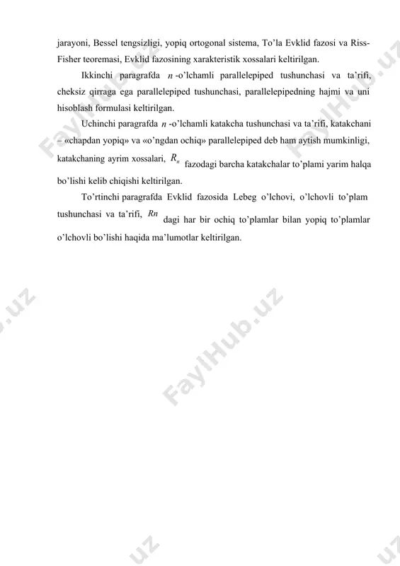 dan oshmayni hamda (1.3) formula nolga teng emas x va y vektorlar orasidagi bir qiymatli aniqlaydi.  , 0     burchakni agar (x , y)  0 bo’lsa, unda x va y vektorlar ortogonal deyiladi. ta’rif 1.3. agar ixtiyoriy    da x , x  0 bo’lsa, unda nolga teng emas x  vektorlar sistemasiga ortogonal sistema deyiladi. agar bu holatda har bir elementning normasi birga teng bo’lsa,  x  normalangan sistema, qisqacha ortonormal sistema deyiladi. ortogonal agar  x  vektorlar ortogonal sistemani hosil qilsa, unda  x  chiziqli bog’liqsiz bo’ladi. haqiqatdan ham, 1 x1  2 x2   n xn  bo’lsin. bu tenglikning ikki qismini ega bo’lamiz xi ga skalyar ko’paytirib, quyidagiga xi ,1 x1  2 x2   n xn  i xi , xi  0, i 1,2,,n xi , xi   0 bo’lgani uchun, …