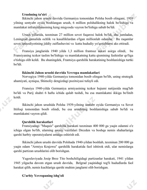 lakat infratuzilmasining keng miqyosda vayron bo'lishiga sabab bo'ldi. urush yillarida, taxminan 27 million sovet fuqarosi halok bo'ldi, shu jumladan, leningrad qamalida ochlik va kasalliklardan o'lgan millionlab odamlar. bu raqamlar sovet iqtisodiyotining jiddiy zaiflashuvini va katta hududiy yo'qotishlarni aks ettiradi. fransiya janglarida 1940 yilda 1,3 million frantsuz askari asirga olindi, bu fransiyaning tezkor taslim bo'lishiga va mamlakatning katta qismining fashistlar qo'liga o'tishiga olib keldi. bu shuningdek, frantsiya qarshilik harakatining boshlanishiga turtki bo'ldi. ikkinchi jahon urushi davrida yevropa mamlakatlari norvegiya 1940-yilda germaniya tomonidan bosib olingan bo'lib, uning strategik ahamiyati, ayniqsa, shimoliy dengizdagi pozitsiyasi tufayli edi. fransiya 1940-yilda germaniya armiyasining tezkor hujumi natijasida mag'lub bo'ldi va parij shahri 6 hafta ichida qulab tushdi, bu esa mamlakatni ikkiga bo'linib ketdi. ikkinchi jahon urushida polsha 1939-yilning sentabr oyida germaniya va sovet ittifoqi tomonidan bosib olindi, bu esa urushning boshlanishiga sabab bo'ldi va mamlakatni vayron qildi. qarshilik harakatlari fransiyadagi "maquis" qarshilik harakati taxminan 400 000 ga …