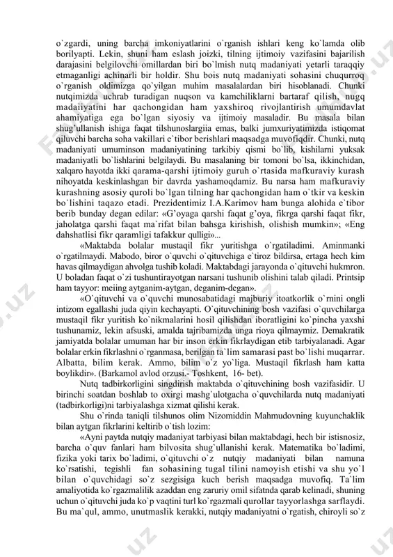 h, keksalar, ustozlar oldida nutq odobini saqlash, to`g’ri, rost va dadil gapirish, yolg`onchilik, tilyog’lamalikni qoralash va boshkalar haqida gap boradi. o`rta osiyo notiqligining o`ziga xos xususiyatlari shundan iborat ediki, u eng avval o`sha davr tuzumining manfaatlariga xizmat qilar edi. bu davrda notiqlik san`ati ustalarining nadimlar, qissago`ylar, masalgo`ylar, badihago`ylar, qirotxonlar muammogo`ylar, voizlar, go`yandalar, maddohlar, qasidaxonlar deb yurigilishi ham ana shundan dalolat beradi. ammo tilning yaratuvchisi xalq ekanligini va uning, eng avvalo, xalqqa xizmat qilishini to`g`rilovchi sog`lom fikrli kishilar uning ijtimoiy mohiyatini doim to`g`ri tushunib kelganlar. navoiyning davlat arbobi sifatida mehnatkash xalq oldida qilgan chiqishlari, uning til haqida aytgan fikrlari buning dalilidir. o`zbek mumtoz adabiy tilining homiysi bo`lgan buyuk shoir alisher navoiy turkiy tilda go`zal nutq tuzishning bayroqdori sifatida uning butun ijodi bilan o`zbek tili boyliklarini nomoyon etdi. navoiy o`zbek adabiy tilida buyuk asarlar yaratish mumkinligini namoyish qildi. shoir o`zining «muhokamatul - lugatayn» asarida har bir tilning ijobiy va salbiy tomonlari borligini …