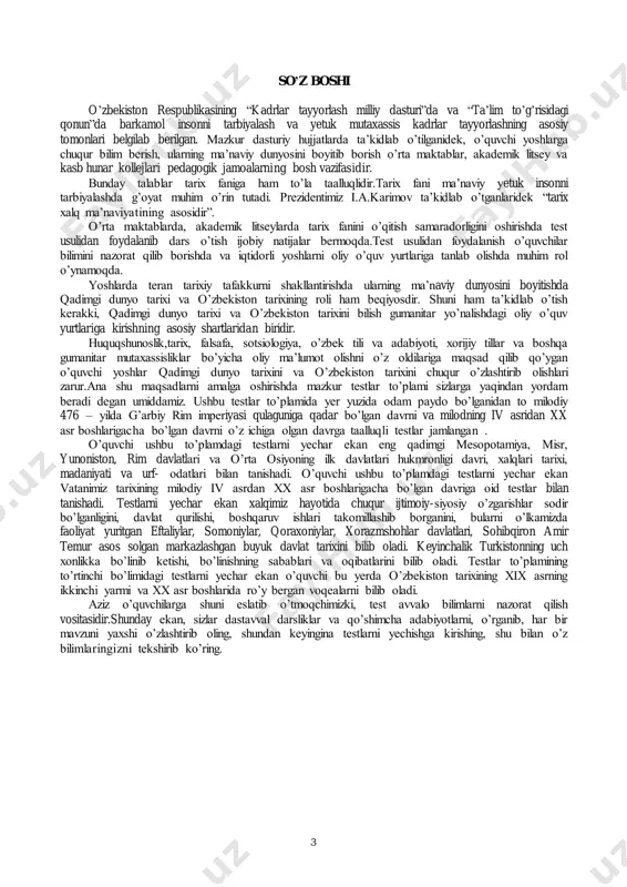 xorazmshohlar davlatlari, sohibqiron amir temur asos solgan markazlashgan buyuk davlat tarixini bilib oladi. keyinchalik turkistonning uch xonlikka bo’linib ketishi, bo’linishning sabablari va oqibatlarini bilib oladi. testlar to’plamining to’rtinchi bo’limidagi testlarni yechar ekan o’quvchi bu yerda o’zbekiston tarixining xix asrning ikkinchi yarmi va xx asr boshlarida ro’y bergan voqealarni bilib oladi. aziz o’quvchilarga shuni eslatib o’tmoqchimizki, test avvalo bilimlarni nazorat qilish vositasidir.shunday ekan, sizlar dastavval darsliklar va qo’shimcha adabiyotlarni, o’rganib, har bir mavzuni yaxshi o’zlashtirib oling, shundan keyingina testlarni yechishga kirishing, shu bilan o’z bilimlaringizni tekshirib ko’ring. 4 1-mavzu: eng qadimgi tuzumdan sivilizatsiya sari 1-bo’lim: qadimgi dunyo. 1-mavzu: eng qadimgi tuzumdan sivilizatsiya sari. 1) yer yuzida odam paydo bo’lganidan to milodiy 476-yilda g’arbiy rim imperiyasi qulagunga qadar kechgan voqealar …… vujudga keltiradi. a) ota urug’i davri tarixini b) ibtidoiy jamoa tuzumi tarixini c) qadimgi dunyo tarixini d) o’rta asrlar tarixini 2) bizning davrimizgacha yetib kelgan qadimgi bitiklarni o’rganish bilan qaysi fan …