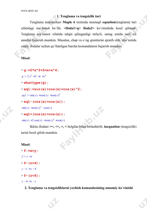 nometrik tenglamalarning yechimi [-(, (] oralig`ida aniqlanadi. umumiy yechimni aniqlash uchun komandani qo`llashdan oldin, tizimning _envallsolution o`zgaruvchisiga true qiymatini ta`minlash kerak. misol: > eq:=sin(x)^2+2*sin(x)+1=0; > s:=solve(eq,x); > _envallsolution:=true; > s:=solve(eq,x); _z1~ tizimning maxsus o`zgaruvchisi bo`lib, faqat butun qiymatlar qabul qiladi. shuningdek tizimda _nn – musbat butun, _b – ikkilik(0 yoki 1) qiymatlar qabul qiladigan maxsus o`zgaruvchilar mavjud. tenglamalarni yechishni eval() yordamida tekshirish mumkin. misol: > eqns:={x+2*y=3, y+1ғx=1}; > sols:=solve(eqns,{x,y}); > eval(eqns,sols[1]); > eval(eqns,sols[2]); yechimlarni alohida ajratib ham ko`rsatish mumkin. misol: > x1:=eval(x,sols[1]); > y1:=eval(y,sols[1]); 4. yechimni tekshirishda map() va subs() komandalarini qo`llash tenglamaning yechimlari ko`p bo`lsa, map() va subs() komandalarini qo`llash maqsadga muvofiqdir. misol: > map(subs,[sols],eqns); solve() komandasini tenglamalar soni noma`lumlar sonidan kam bo`lganda ham qo`llash mumkin va yechimlar parametrik ko`rinishda hosil bo`ladi. misol: > eqn1:=x+2*y+3*z+4*t=41; > eqn2:=5*x+5*y+4*z+3*t=20; > sols:=solve({eqn1,eqn2}); bu holda tenglamani qanday noma`lumlarga nisbatan yechish kerakligini ko`rsatish ham mumkin. misol: > sols1:=solve({eqn1,eqn2},{y,z}); endi yechimni unapply() komandasi yordamida ikki …