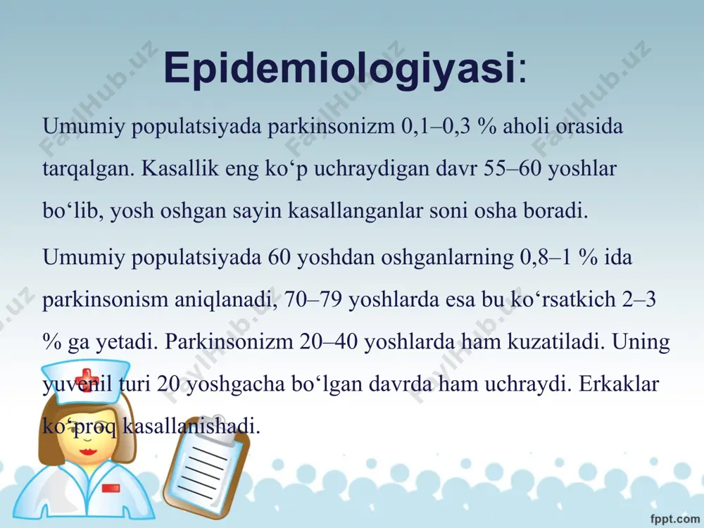 aydi, keyinchalik esa to‘lqinsimon qarshilik seza boshlaydi (tishli g‘ildirak simptomi) va mushak tonusini tekshirish qiyinlasha boradi. spastik gipertonusdan farqli o‘laroq, plastik gipertonusda mushaklar tonusini tekshirgan sayin, u qotib boraveradi. bemorning xatti-harakatlari o‘ziga xos tarzda o‘zgaradi. u kursida o‘tirsa, qotib qolgan odamni, tik tursa – haykalni eslatadi. kursida o‘tirgan bemorga o‘rningizdan turib menga qarab yuring, deb ko‘rsatma berilsa, u ancha vaqtgacha (1−5 daqiqa) o‘rnidan turolmaydi. unga o‘rnidan turish yana eslatilsa ham, buni eplay olmasligi mumkin. bemor o‘rnidan turgandan keyin ham oldinga qadam tashlay olmay bir oz vaqt qotib turadi. bu holat «oyoqning yerga yopishib qolish» simptomi deb ataladi. agar bemorning orqasidan ozgina turtib yuborilsa, u xuddi qo‘g‘irchoqqa o‘xshab oldinga yura boshlaydi (propulsiya), yon tomondan turtilsa – yon tomonga qarab bir-ikki qadam tashlab qo‘yadi (lateropulsiya),old tomonidan turtilsa – orqaga qarab yura (retropulsiya) boshlaydi. shuning uchun ham bunday harakatlar «robot yurishi» nomini olgan. nutq buzilishi bemorning nutqi monoton bo‘lib, ohista tovush chiqarib bir …