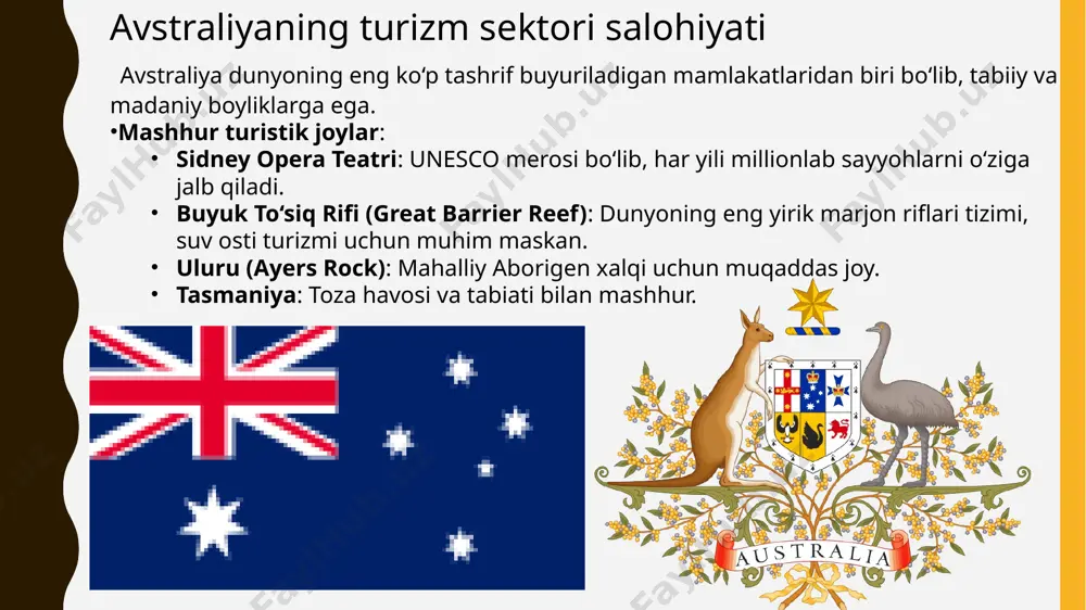 ral resurslar) bilan avstraliya kompaniyalariga qiziqarli bo‘lgan davlatdir. avstraliya o‘zbekistonga qishloq xo‘jaligi, energetika, madaniyat, ta'lim va tibbiyot sohalarida investitsiyalar kiritmoqda. ayniqsa, o‘zbekistonning to‘qimachilik va qurilish materiallari sohasida avstraliya kompaniyalarining ishtiroki katta. savdo aloqalari: o‘zbekiston paxta, mevalar, to‘qimachilik mahsulotlari va mineral resurslarni avstraliyaga eksport qilsa, avstraliya texnologiyalar, qishloq xo‘jaligi mahsulotlari va xizmatlar bilan o‘zbekiston bozorini to‘ldiradi. 1.2 avstraliyaning investitsiya kiritish potensiali avstraliya kompaniyalari o‘zbekistonda qishloq xo‘jaligi, erkin savdo, sanoat ishlab chiqarish va turizm sohalariga investitsiya kiritmoqda. o‘zbekistonning iqtisodiy islohotlari va biznesni rivojlantirishdagi ijobiy o‘zgarishlar avstraliyaning qiziqishini oshiradi, masalan, o‘zbekistonning erkin savdo zonasida bo‘lishi va eksportning rivojlanishi. 2.1 turizm aloqalari avstraliya va o‘zbekiston o‘rtasidagi turizm aloqalari asosan madaniyat va ta'lim sohalarida rivojlanmoqda. o‘zbekiston, o‘zining boy madaniy merosi, tarixiy yodgorliklari, buxoro, samarqand, xiva kabi shaharlari bilan avstraliya sayyohlarining qiziqishiga sabab bo‘ladi. avstraliya sayyohlari o‘zbekistonga ko‘plab madaniy va tarixiy yodgorliklarni ziyorat qilish uchun keladi. shuningdek, o‘zbekistonning tabiiy go‘zalliklari, tog‘lar, cho‘llar va boshqa turistik joylari …