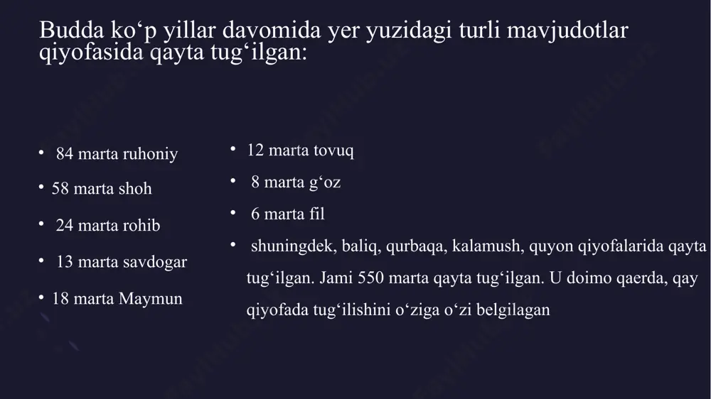 ng lug’aviy ma`nosi – «o`chish, so`nish». o‘rta osiyoda buddaviylik madaniyati buddaviylik dini bilan bog‘liq yodgorliklar o‘zbekiston hududida termiz, xorazm, surhondaryodan, bolaliktepa, quva kabi joylardan topilgan. buddaviylik dini bilan bog‘liq haykallar, o‘sha davr madaniyati va ruhiyati haqida ma’lumot beruvchi rasm va devoriy suratlar bu yodgorliklarda uchraydi. o‘rta osiyoda budda dinini davlat dini sifatida qabul qilgan kushon shohlari bu din ta’limoti va ibodatini tarqatish uchun turli joylarda ibodatxonalar qurdirganlar. ibodatxonalarda budda va bodhisatvalarning haykallari qo‘yilgan.shu tarzda diniy g‘oyalarni yoyishda haykaltaroshlik san’atining rivojlanish jarayoni boshlangan. buddaviylik manzilgohlari. bahodir turg‘unov tadqiqotlariga ko‘ra, dalvarzintepadan ikkita ehrom topilgan bo‘lib, unda budda, bodhisatva va boshqa mahalliy hukmdorlarning ham xaykallari topilgan. mahalliy hukmdorlar buddaga tuhfa keltirayotgan yoki sajda qilayotgan qiyofada aks ettirilgan. fayoztepada o‘tirgan budda uning chap va o‘ng tomonlarida tik turgan rohiblar aks ettirilgan. bunda ham yuqoridagi an’anaga asoslanilgan. muqaddas botha daraxti tasviri rohiblar bilan birga fayoztepadan topilgan budda haykali fonida tasvirlangan. budda tasviri tushirilgan bo‘rtma rasm …