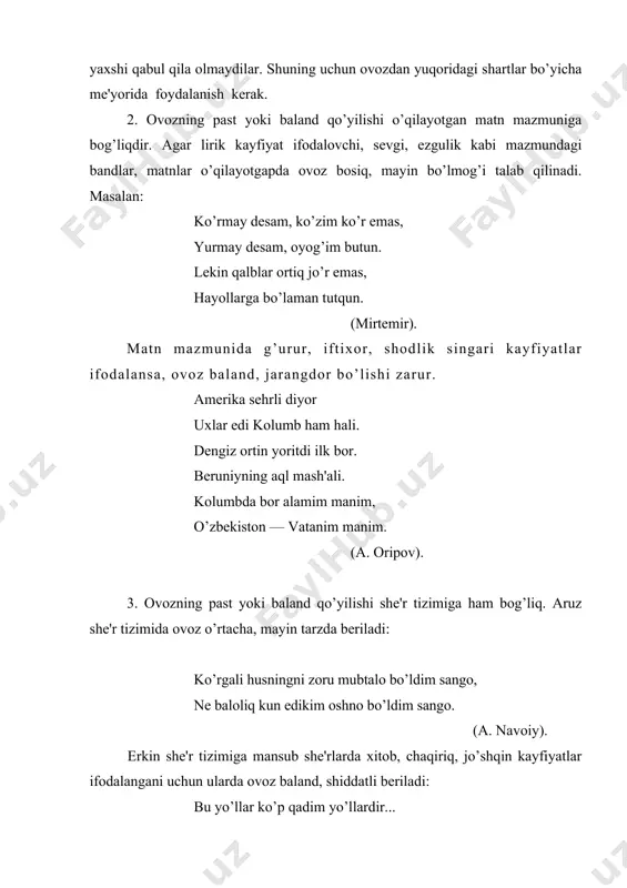 mayin, dardchil berilmog’i kerak: kech kuz edi, men seni ko’rdim!, derazamdan boqardi birov. u sen eding, o dehqon yurtim, turar eding yalangto’sh, yayov. tashqarida izillar yomg’ir, kir, bobojon, yayragil bir oz, deding: «paxtam qoldiku axir, yig’ishtirmay kelmasdan ayoz». ketding, umri mahzanim manim, o’zbekiston — vatanim manim. i n t o n a s i ya ovozga daxldor bo’lgan badiiy o’qish vositalaridan biri intonatsiyadir. intonatsiya lotincha so’z bo’lib, ma'lum vaqt doirasida ovozning tebranishidir. badiiy o’qishda ovozni past yoki baland qo’yishdan tashqari banddagi mazmun, ruhiy kayfiyatdan kelib chiqib, ovozni tebrantira olish muhimdir. intonatsiya orqali banddagi mazmun konkretlashadi. bir matnning o’zida intonatsiyani o’zgartirish orqali quvonch, g’urur, mamnuniyat va aksincha, g’azab, nafrat, iztirob singari tuyg’ularni ifodalash mumkin. «yana keldingizmi?» — so’roq gapidan intonatsiyani o’zgartirish orqali yuqoridagi mazmunlarni yuzaga chiqarish mumkin. intonatsiya o’rinli qo’llansa, matndagi g’oyaviy niyat tinglovchiga lo’nda, ta'sirchan holda yetib boradi. g’. g’ulomning «sen yetim emassan» she'ridagi quyidagi parchada intonatsiya to’g’ri qo’llansa, parchadagi …