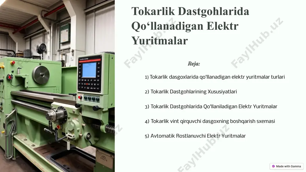imini o‘zgarishi natijasida pog‘onalar aro intervaldagi tezlik (35):1 diapazonda ravon rostlanadi. tokarlik dastgohlarining xususiyatlari tokarlik dastgohlari metall, yog‘och, plastmassa va boshqa materiallardan turli shakl va o‘lchamdagi buyumlarni ishlab chiqarishda qo‘llaniladi. ularning asosiy xususiyatlariga aylanish tezligi, kesish chuqurligi, ishlov beriladigan materialning o‘lchamlari, dastgohning kuchlanishi va boshqalar kiradi. asosiy xususiyatlar aylanish tezligi kesish chuqurligi material o‘lchamlari kuchlanish qo‘llanilishi tokarlik dastgohlari metall, yog‘och, plastmassa va boshqa materiallardan turli shakl va o‘lchamdagi buyumlarni ishlab chiqarishda qo‘llaniladi. 5 tokarlik dastgohlarida qo‘llaniladigan elektr yuritmalar tokarlik dastgohlarida qo‘llaniladigan elektr yuritmalar turli xil bo‘lib, ularning tanlovi dastgohning turlariga, ishlov beriladigan materialga va ishlov berish jarayonining xususiyatlariga bog‘liq. to‘g‘ri tokli to‘g‘ri tokli elektr yuritmalar odatda past kuchlanishli dastgohlarda qo‘llaniladi va ular oddiyroq qurilmaga ega. almashtirish tokli (ac) almashtirish tokli elektr yuritmalar yuqori kuchlanishli dastgohlarda qo‘llaniladi va ular yuqori quvvatga ega. punkt-kontaktli punkt-kontaktli elektr yuritmalar harakatni aniq va silliq tarzda uzatish uchun qo‘llaniladi va ular dastgohning aniqligiga yaxshi ta‘sir qiladi. …