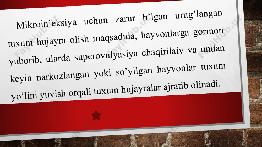 nlarni va quyonlarni rivojlanish bosqichiga mos holda ajratib olingan urug’langan tuxum hujayralaridagi pronukleuslar ko’zga yaxshi ko’rinadilar, bu esa ineksiyani muvaffaqiyatli o’tishini ta’minlaydi. qishloq xo’jalik hayvonlarining embrionlarining sitoplazmasida qoramtir, yog’ saqlovchi granulalar bo’lib, ular pronukleuslarni ko’rinishini qiyinlashtiradi. embrionlarni 3-5 minut davomida 15000g tezlikda sentrifuga qilinganda qoramtir granulalar tuxum hujayralarini bir tomoniga to’planadilar, markazda joylashgan pronukleuslar yaxshi ko’rinib, ineksiya uchun sharoit tug’iladi. (wall r.j. et.al. 1984) qo’ylarni embrionlari uchun sentrifugalash talab qilinmaydi, ulardagi pronukleuslarni ko’rish uchun nomarskiy optikasidan foydalanish kifoya nima bo’lganda ham transgen hayvonlar yaratish mendel qonuniga (50% qaytarilish) unchalik ham to’g’ri kelaverdi. ularda transgen o’tkazish imkoniyati meros qolganligi sababli, mozaikalarni bir qismi, transgen liniyalarga asos bo’la olmaydi. me’yorida transgen meros qoldirish, monogibrid chatishtirish uchun mendel qonuni to’g’ri keladi, chunki ko’pchilik hollarda integratsiya faqat xromosomaning birgina nuqtasida sodir bo’ladi. gomologik transgen bo’lmagan xromosomada transgenga to’g’ri keladigan allel bo’lmaganligi sababli “geterozigota” to’g’ri kelmaydi. birlamchi transgen hayvonlarni genomida birdaniga bir nechta integratsiya nuqta …