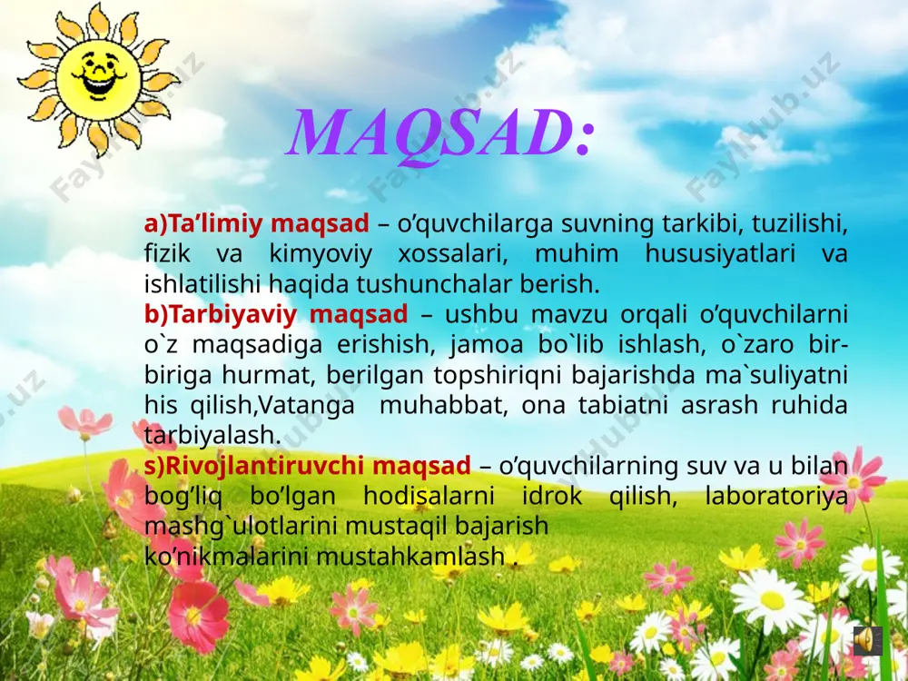 suvga oid ayrim ma’lumotlarni keltirib o’taman. toza suv rangsiz, ta’msiz, hidsiz, tiniq suyuqlikdir. hid bilan ta’mni suvda unda erigan qo’shimchalar beradi. suv uch xil holatda uchraydi. suvning 4o sdagi zichligi 1000 kg.m3. harorat pasaygan sari suvning zichligi kamayib, muzning zichligi 900 kg.m3 gacha pasayadi. shuning uchun muz suvning ustida qalqib yuradi. suv 0os da muzlaydi, 100os da qaynaydi va bug’ holatida o’tadi. suv ajoyib universal eruvchi modda bo’lib, o’zida juda ko’plab anorganik va organik moddalarni eritish xususiyatiga ega. suv o’ziga xos kimyoviy xossalarga ham ega. suv 100oc dan yuqori haroratda suv bug’lari parchalanib, vodorod va kislorod hosil qiladi. aktiv metallar bilan ta’sirlanib uning tarkibidagi vodorodni ajratib chiqaradi. 2na + 2h2o = 2naoh + h2 suvning reaktsion qobiliyati ancha katta. ko’p metallar va metallmaslarning oksidlari suv bilan ta’sirlanganda asos va kislotalar hosil bo’ladi. cao + h2o = ca(oh)2 so3 + h2o = h2so4 ba’zi tuzlar suv bilan kristallogidratlar hosil qiladi. cuso4 …