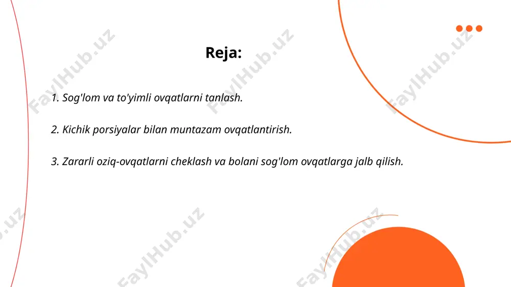 – bu organizmning yaxshilangan ishlashini va uzoq umr ko‘rishni ta’minlash uchun zarur. sog‘lom ovqatlanish tana tizimlarining muvozanatli ishlashini ta'minlaydi va ko‘plab kasalliklardan himoya qiladi. to‘g‘ri ovqatlar yurak-qon tomir tizimini mustahkamlaydi, immunitetni oshiradi va metabolizmni yaxshilaydi. sog‘lom ovqatlar, masalan, sabzavotlar, mevalar, to‘liq donlar va yong‘oqlar, tanani zarur bo‘lgan ozuqa moddalari bilan ta'minlaydi va organizmni ortiqcha yog‘lardan tozalaydi. to‘yimli ovqatlar organizmga energiya beradi va hujayralar uchun zarur bo‘lgan oziq moddalarning yetarli miqdorini ta'minlaydi. oqsillar, yog‘lar va uglevodlar muvozanatli bo‘lishi kerak. oqsillar mushaklarning rivojlanishi va to‘g‘ri ishlashini ta'minlaydi, uglevodlar esa energiya manbai hisoblanadi. sog‘lom yog‘lar (masalan, avokado, zaytun moyi, yong‘oqlar) tananing haroratini saqlash va yog‘ kislotalarining muvozanatini saqlashda yordam beradi. ... t.me/slaydai_bot kichik porsiyalar bilan muntazam ovqatlantirish sog‘lom ovqatlanishning muhim qismidir. bu yondashuv organizmning doimiy energiya ehtiyojini qondirish va metabolizmni tezlashtirishga yordam beradi. muntazam ovqatlanish tana vaznini nazorat qilishda, hazm qilish tizimini yaxshilashda va umumiy sog‘liqni mustahkamlashda muhim rol o‘ynaydi. kichik porsiyalarni iste'mol …
