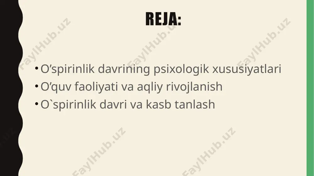 ni bajaradi. ravshanki uning jamiyatdagi mavqei keskin ravishda o’zgaradi va shaxsning shakllanishiga muhim ta’sir etadi. ilk o’spirin yoshidagi o’quvchilar o’zining kuchli va ojiz tomonlarini o’zning ustunlik va kamchiliklarni o’smirga qaraganda yaxshiroq va chuqurroq baholay oladi. biroq o’smir tomonidan o’z o’ziga baho berish birmuncha ob’ektivroq bo’lib bu ularga kattalar tomonidan berilayotgan fikr va mulohazalarga tayaniladi. ilk o’spirinlik davrida esa bu boshqacharoq tarzda amalga oshiriladi ya’ni yoshning ortishi bilan unda o’z shaxsini o’z xatti-harakatlari va faoliyatini mustaqil tahlil qilish va baho berish an’anasi kuchayadi. o’z o’ziga baho berish esa hamisha tashqaridan berilgan bahoni anglashdan ko’ra qiyinroqdir. o’z shaxslarini tahlil qila olsalar ham ular o’zlariga nisbatan ob’ektiv baho bera olmaydilar. ayrim paytlar o’zlariga nisbatan juda yuqori baho beradilar. ilk o’spirinlik davrida endi shaxsning ko’p qirrali munosabatlarini ifodalovchi sifatlari anglanadi. o’smir o’zning hozirgi ahvoliga muvofiq ravishda o’ziga baho bersa ilk o’spirin o’zining kelajagiga muvofiq ravishda o’ziga baho beradi. ilk o’spirinlik davrining o’quv faoliyati o’zining …