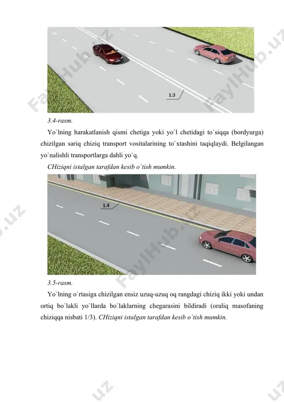 gdagi, arrasimon chiziq umumfoydalanadigan transport vositalari hamda taksilariing to`xtab turish bekatlarini bildiradi. 3.17-rasm yo`nalishni belgilovchi chiziqlar. yo`l belgi chizig`i chorrahada va kesishmalar oldida bo`laklar bo`yi qatnov qismining yuzasiga chizilgan yo`naltirgich, mustaqil ravishda yoki “bo`laklar bo`yicha harakatlanishning yo`nalishi” (5.8.1-5.8.2) axborot-ishora belgilari bilan birgalikda qo`llanib, transport vositalariga bo`laklar bo`yicha ruhsat etilgan yo`nalishni ko`rsatadi. 3.18-rasm yo`l belgi chizig`i 45° burchak ostida chizilgan yo`naltirgich, yo`l qismining tor joyiga yaqinlashganlik xaqida ogoxlantirib, aloxida yoki “yo`lning torayishi” (1.18.1-1.18.3) belgilari bilan birga qo`llaniladi. 3.19-rasm yo`l belgi chizig`i ko`ndalang 1.13 yo`l belgi chizig`iga yaqinlashashni belgilaydi. 3.20-rasm 1.21 yo`l belgi chizig`i to`xtash ko`ndalang 1.12 yo`l belgi chizig`i joyi oldida 2.5 yo`l belgisi bilan birgalikda belgilanadi. 3.21-rasm yo`l belgi chizig`i son bilan yonma-yon yozilgan xarf yo`l harakatlanish yo`nalishida yo`lning tartib rakamlarini ko`rsatadi. 3.22-rasm yo`lning faqat belgilangan yo`nalishli transport vositalari uchun ajrtilgan bo`lagini bildirib, (5.9:5.10.1) axborot-ishora belgilari bilan qo`llaniladi. bu bo`lak sidirg`a chiziq bilan ajratilmagan takdirda, haydovchilar o`ngga burilish, yo`lovchilarni chiqarish, …