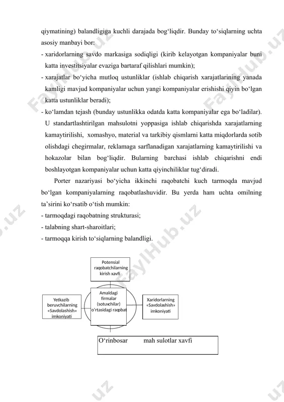ordagi ulushiga bevosita ta’sir qiladi, natijada ular tezda bunga javoban xarakat qilib, raqobat kuchayadi. bunday kompaniyalarning narx urushi olib borish imkoniyati raqobatning asosiy xatarli kuchidir.bunday xollarda kompaniyalar sifatdagi ustunliklar bo‘yicha raqobatlashishga intiladilar, ya’ni raqobatchilik urushi savdo markasiga sodiqlik va narx urushi extimolini kamaytirish pozitsiyalaridan olib boriladi.bunday taktikaning muvaffaqiyati tarmoqda mahsulotni tabaqalash imkoniyatlariga bog‘liqdir. tarmoqda talab kamaygan paytda chiqish to‘siqlari jiddiy xavfga aylanadi. chiqish to‘siqlari iqtisodiy va emotsional omillar bo‘lib, ular kompaniyani daromadi juda kichik bo‘lgan hollarda ham qo‘llab-quvvatlab turadi. natijada ortiqcha ishlab chiqarish quvvatlari paydo bo‘ladi,bu esa narx raqobatining jonlanishiga olib keladi, chunki kompaniyalar bekor turgan quvvatlardan foydalanishga urinib, narxni pasaytirib yuboradilar. odatda chiqish to‘siqlari quyidagilarni o‘z ichiga oladi: · asbob-uskunalarga ajratilgan investitsiyalarni boshqa muqobil yo‘nalishlarga ishlatib bo‘lmaydi va agar kompaniya bu sohani tark etsa, asbob-uskunalarni tashlab yuborishga to‘g‘ri keladi; · chiqish qiymatining ishdan bo‘shatiladigan ishchilarga to‘lanadigan mablag‘lar hisobiga qat’iy belgilab qo‘yilganligi; · xo‘jalikning o‘rta bo‘g‘inlari o’rtasidagi strategik o‘zaro munosabatlar, …