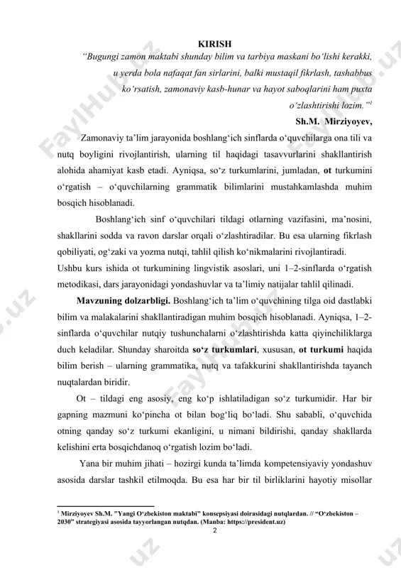 blanadi. ayniqsa, 1–2-sinflarda o‘quvchilar nutqiy tushunchalarni o‘zlashtirishda katta qiyinchiliklarga duch keladilar. shunday sharoitda so‘z turkumlari, xususan, ot turkumi haqida bilim berish – ularning grammatika, nutq va tafakkurini shakllantirishda tayanch nuqtalardan biridir. ot – tildagi eng asosiy, eng ko‘p ishlatiladigan so‘z turkumidir. har bir gapning mazmuni ko‘pincha ot bilan bog‘liq bo‘ladi. shu sababli, o‘quvchida otning qanday so‘z turkumi ekanligini, u nimani bildirishi, qanday shakllarda kelishini erta bosqichdanoq o‘rgatish lozim bo‘ladi. yana bir muhim jihati – hozirgi kunda ta’limda kompetensiyaviy yondashuv asosida darslar tashkil etilmoqda. bu esa har bir til birliklarini hayotiy misollar orqali o‘rgatishni, o‘quvchining amaliy nutqida ularni qo‘llay olishiga erishishni taqozo etadi. ot turkumini o‘rganish orqali o‘quvchilarning og‘zaki va yozma nutqi boyiydi, so‘z boyligi kengayadi, fikrlash qobiliyati rivojlanadi. shu sababli ham 1–2-sinflarda ot turkumini o‘qitish nafaqat grammatik bilim berish, balki o‘quvchini erkin fikrlovchi, aniq ifodalay oladigan, muloqotga kirisha oladigan shaxs sifatida shakllantirishda muhim ahamiyatga egadir. kurs ishining maqsadi: 1–2-sinflarda ot …