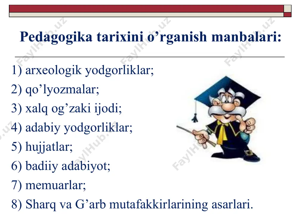 islarni sharxlaydi. 3. termiziy xadislar tahliliga juda kuchli e’tibor beradi. har bir hadisning sihhat va zaif-sog’lomlik va zaiflik darajasini aniqlaydi. mustaqil o’qish uchun tavsiya etilgan adabiyotlar: “qur’oni karim”(abdulaziz mansur tarjimasi) “al-jome’ as-sahih” (“sahih al-buxoriy”) “al-jomi’ as-sahih”(“sunani termiziy”) “saodat asri qissalari” (ahmad lutfiy qozonchi) “sohilsiz dengiz” (tohir malik asari) arab xalifaligi yuz bergan ijtimoiy-siyosiy o’zgarishlar, yagona islom dinining tarkib topishi madaniy hayotga ham ta’sir etdi. madaniy hayotda yuz bergan ko’tarinkilik ma’naviy hayotda ham o’zgarishlar bo’lishiga olib keldi. ana shu ko’tarilish butun arab xalifaligini, yaqin va o’rta sharqni qamrab olganligi uchun ham sharq uyg’onish davri deb ataldi. bu uyg’onish jarayoni ix asrdan boshlab xv-xvi asrlargacha davom etdi. asarlari: «al jabr va al-muqobala», «hind arifmetikasi xaqida kitob», «yer satxini o’lchash», «quyosh soatlari to’g’risida», «yaxudiylar tarixi va ularning bayramlarini belgilash» va boshqalar. muxammad ibn muso al-xorazmiy (783-850) abu abdulloh xorazmiyning didaktik qarashlari al-xorazmiy bilish nazariyasiga muhim hissa qo’shdi. u birinchilardan bo’lib, induksiya, deduksiya, sinov-kuzatish …