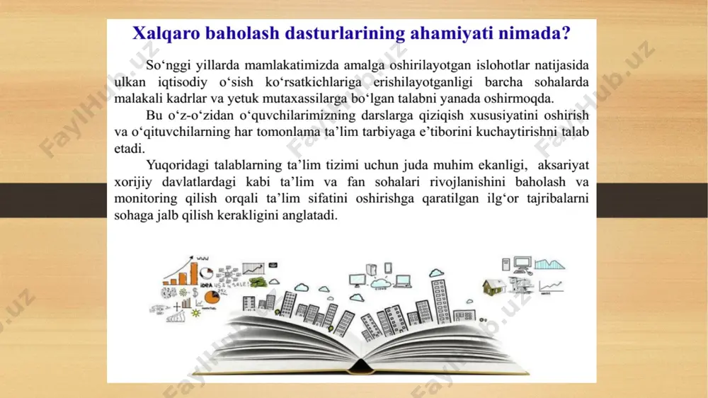 ni tushunadi, matnga asoslanib oʻz xulosalarini chiqaradi, matn mazmuniga ham, shakliga ham baho bera oladi, uning ayrim til xususiyatlariga eʼtibor qarata oladi. oʻrta daraja (475 ball) – oʻquvchilar matndan axborot topa oladi, matn shakli va tilining baʼzi xususiyatlaridan foydalanib, matnga asosan oʻz xulosalarini chiqaradi. quyi daraja (400 ball) – oʻquvchilar matnda aniq berilgan va cheklash oson boʻlgan xabarni ajratib oladi. natijalarni baholash tartibi tahrir manbasini tahrirlash pirls da bajarilgan ishlarni sifatli va miqdoriy baholash uchun quyidagi tizim qoʻllanadi: - javobni tanlash usulidagi toʻgʻri javoblar 1 ball bilan baholanadi; - mavzu ketma-ketligini belgilash borasidagi toʻgʻri javoblar 1 ball bilan baholanadi; - erkin javob berishg kerak boʻlgan topshiriqlar vazifaning murakkabligiga qarab 1 balldan 3 ballgacha baholanadi. natijalarni yakuniy qayta ishlash uchun zamonaviy sinov nazariyasi qoʻllanadi. bugungi zamonaviy texnologik dunyoda muhim hisoblangan matematikaga oid bilimlarni va qobiliyatlarni rivojlantirish barcha bolalar uchun manfaatlidir. matematika kundalik hayotda jumladan,muhandislik, arxitektura, bugalteriya hisobi, bank,biznes, tibbiyot, ekologiya va …