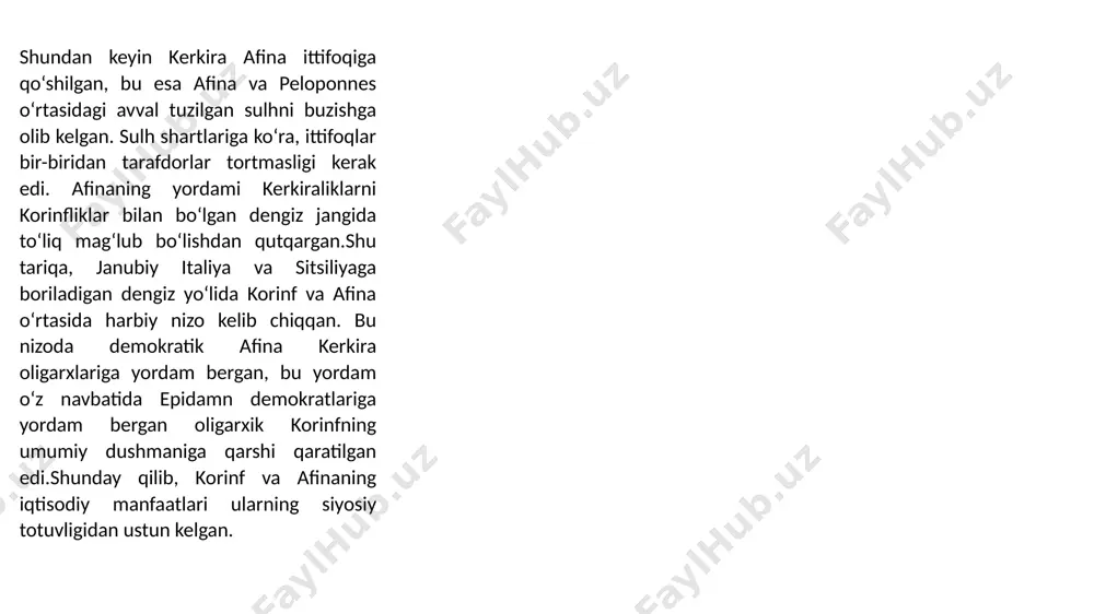 g turlaridan biri bo‘lgan. xalq, ayniqsa dehqonlar, periklni afinaning boshiga tushgan kulfatlarning aybdori deb hisoblaganlar va natijada eramizdan avvalgi 430-yilda perikl hokimiyatdan chetlatilgan. lekin oradan ko‘p o‘tmay uni oqladilar va eramizdan avvalgi 429-yilda yana qayta birinchi strateg qilib sayladilar. biroq, qarib qolgan perikl o‘zi ham yuqumli kasallikdan vafot etdi. perikl o‘lgandan keyin afinada urushni davom ettirish tarafdorlari bilan sulh muzokaralarini boshlashga harakat qilayotgan doiralar o‘rtasida kurash keskinlashdi. urush tarafdorlari g‘olib chiqdi. hunarmandchilik ustaxonasining egasi kleon rahbarlikni qo‘liga oldi. kleon siyosatida demosning qashshoqlashib qolgan, sparta ustidan g‘alaba qilish natijasida ahvolini yaxshilash umidida yurgan qismining manfaatlari aks etdi. lekin epidemiyadan jiddiy zarar ko‘rgan afinaning zaiflashib qolishi shunga olib keldiki, 1-afina ittifoqi a’zolari orasida afinaga qarshi aristokratiya va oligarxiya guruhlarining faolligi oshdi. bu guruhlarga sparta kuchli yordam berib turgan. eramizdan avvalgi 428-yilda mitilena shahri (lesbos orolida) qo‘zg‘olon ko‘tardi, bu qo‘zg‘olonni afinaliklar bostirdi. eramizdan avvalgi 425-yilda kerkyra orolida qo‘zg‘olon ko‘tarildi, bu qo‘zg‘olon natijasida hokimiyatni …